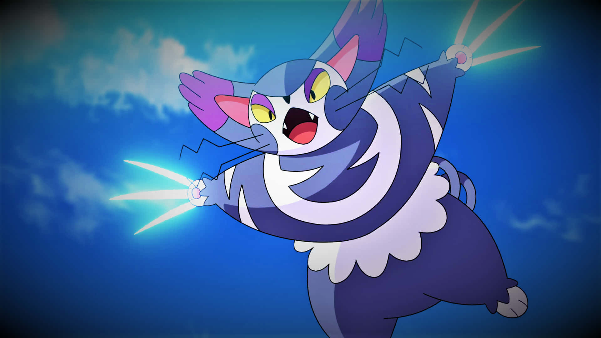 Purugly, blue and white anime cat-like creature, purple ears, Full HD Desktop Wallpaper