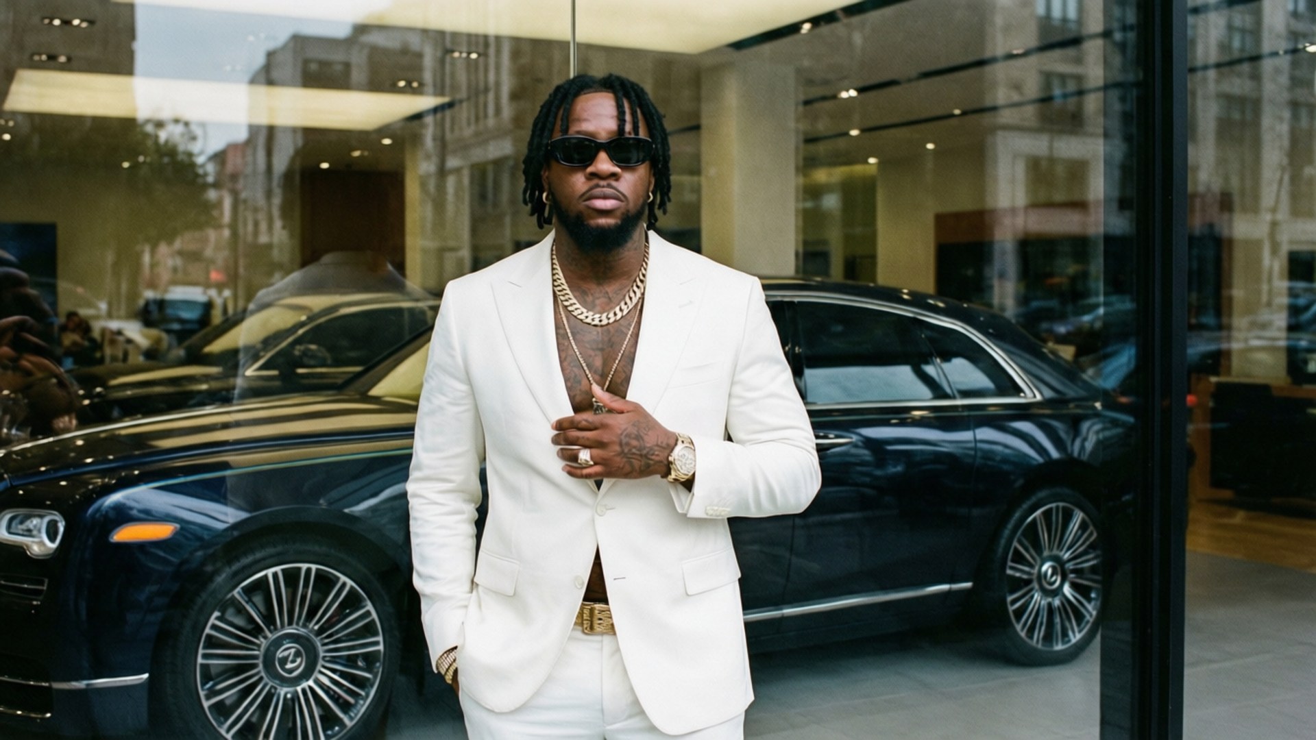 Pusha T, white suit, luxury car showroom, Full HD Desktop Wallpaper