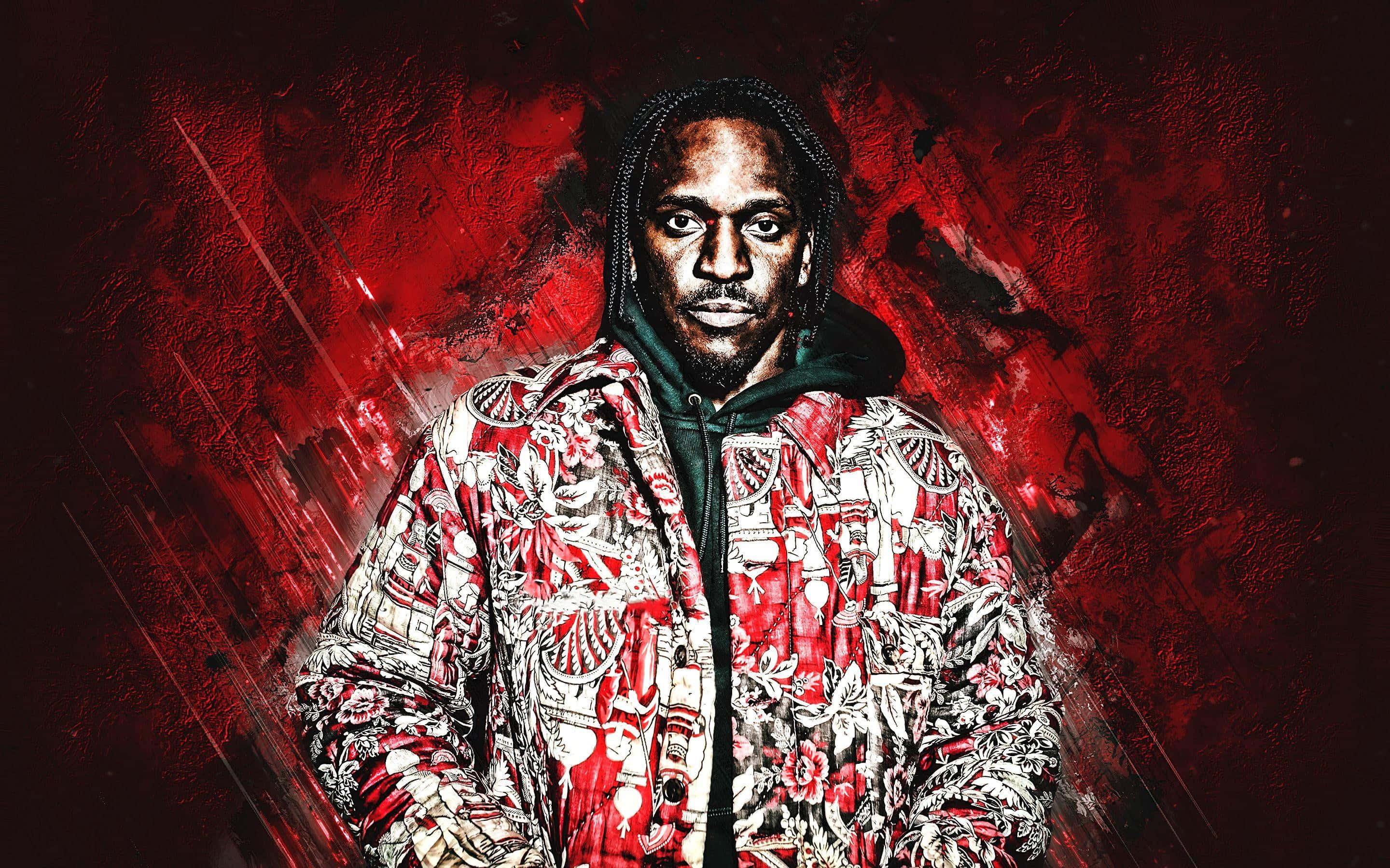 Pusha T, red and white patterned hoodie, textured red background, 2K Desktop Wallpaper