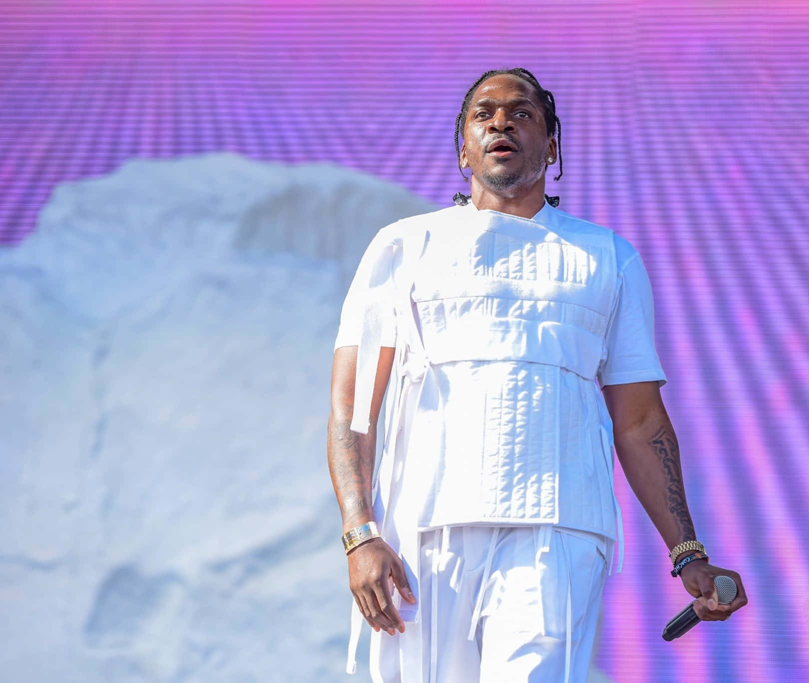 Pusha T, all white textured outfit, vibrant purple and white mountain backdrop, HD Desktop Wallpaper
