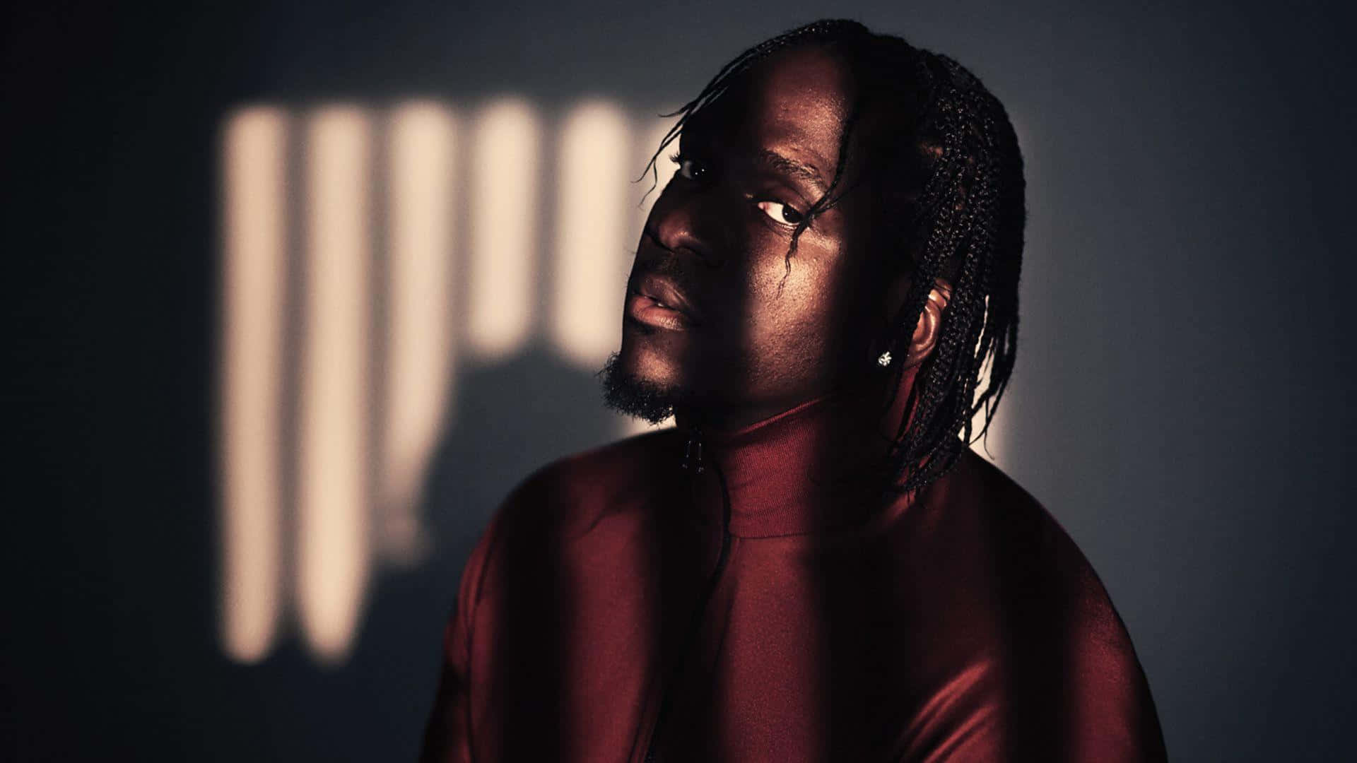 Pusha T, red turtleneck, vertical window blinds, Full HD Desktop Wallpaper