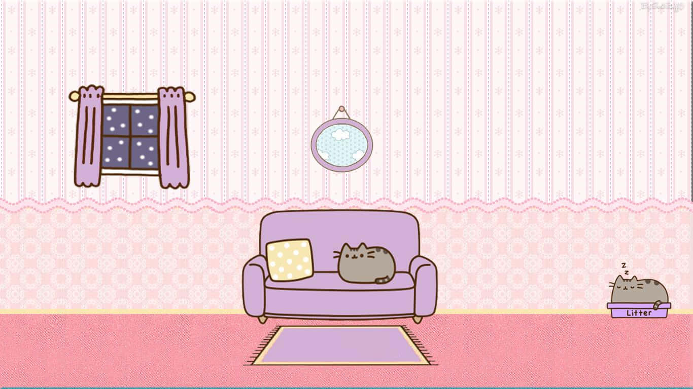Pusheen, kawaii, lavender couch, HD Desktop Wallpaper
