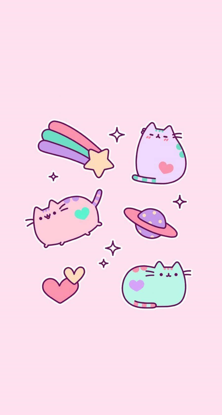 Aesthetic Pink Kawaii Pusheen The Cat, pastel-colored cartoon cats, rainbows, HD Phone Wallpaper