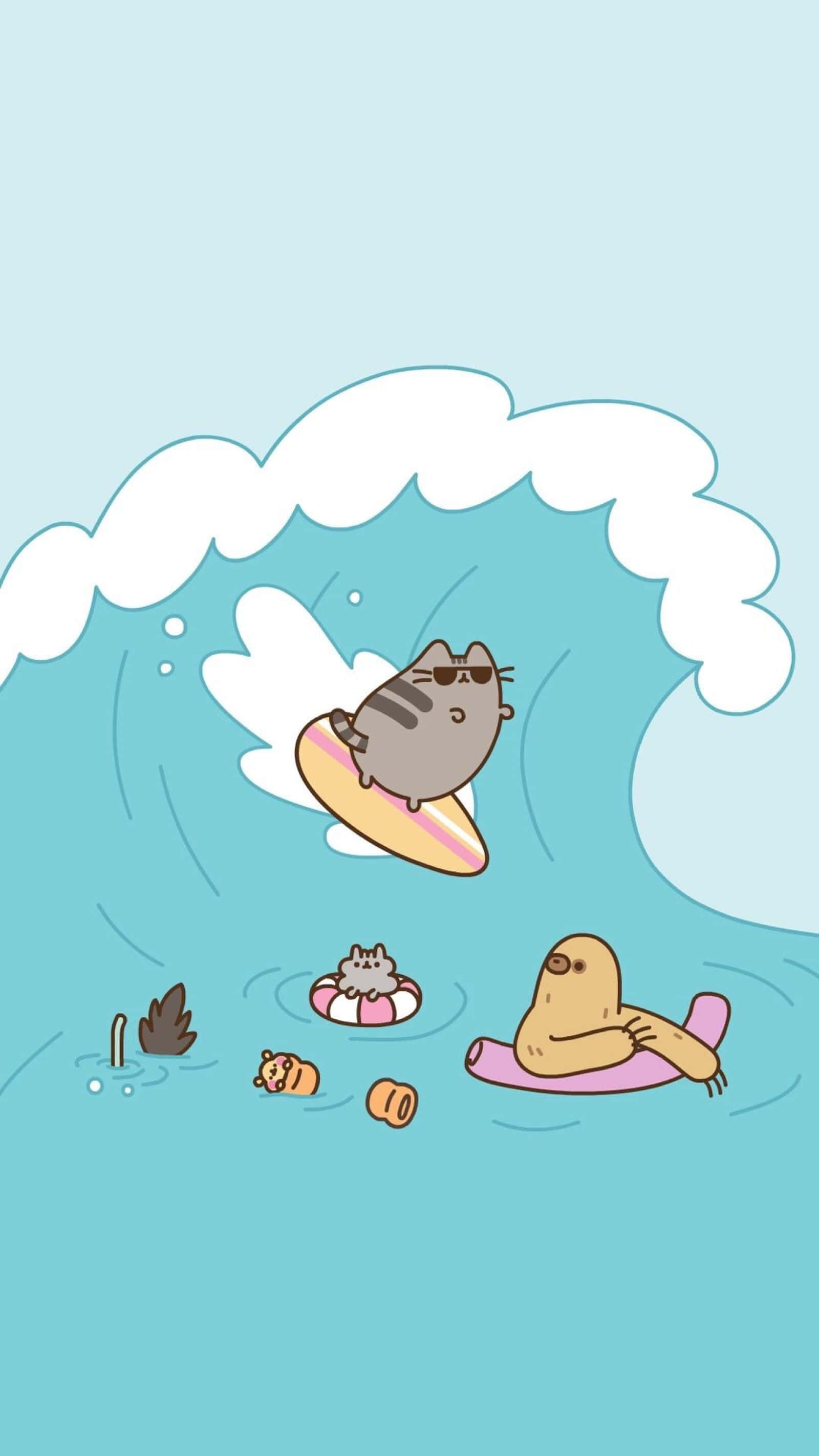 Pusheen, kawaii, wave, 2K Phone Wallpaper