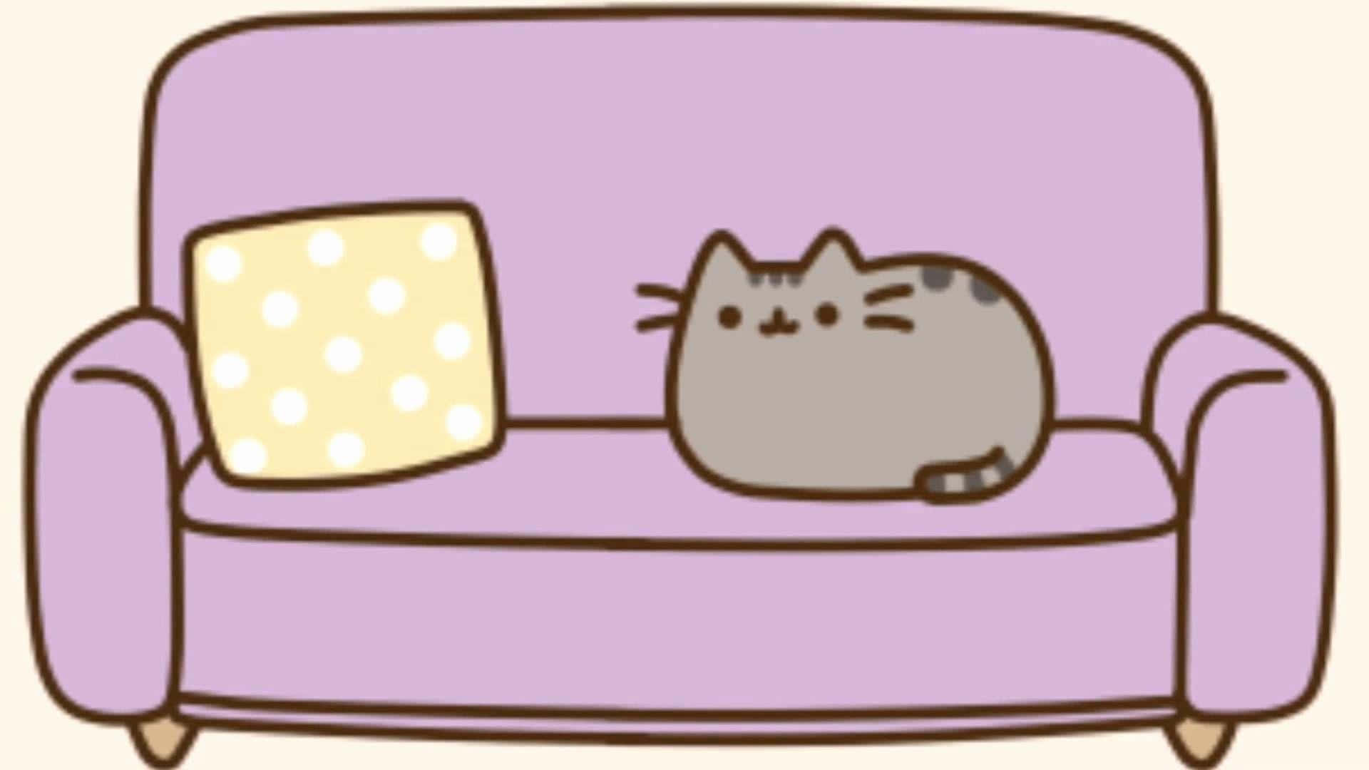 Pusheen, kawaii, purple couch, Full HD Desktop Wallpaper