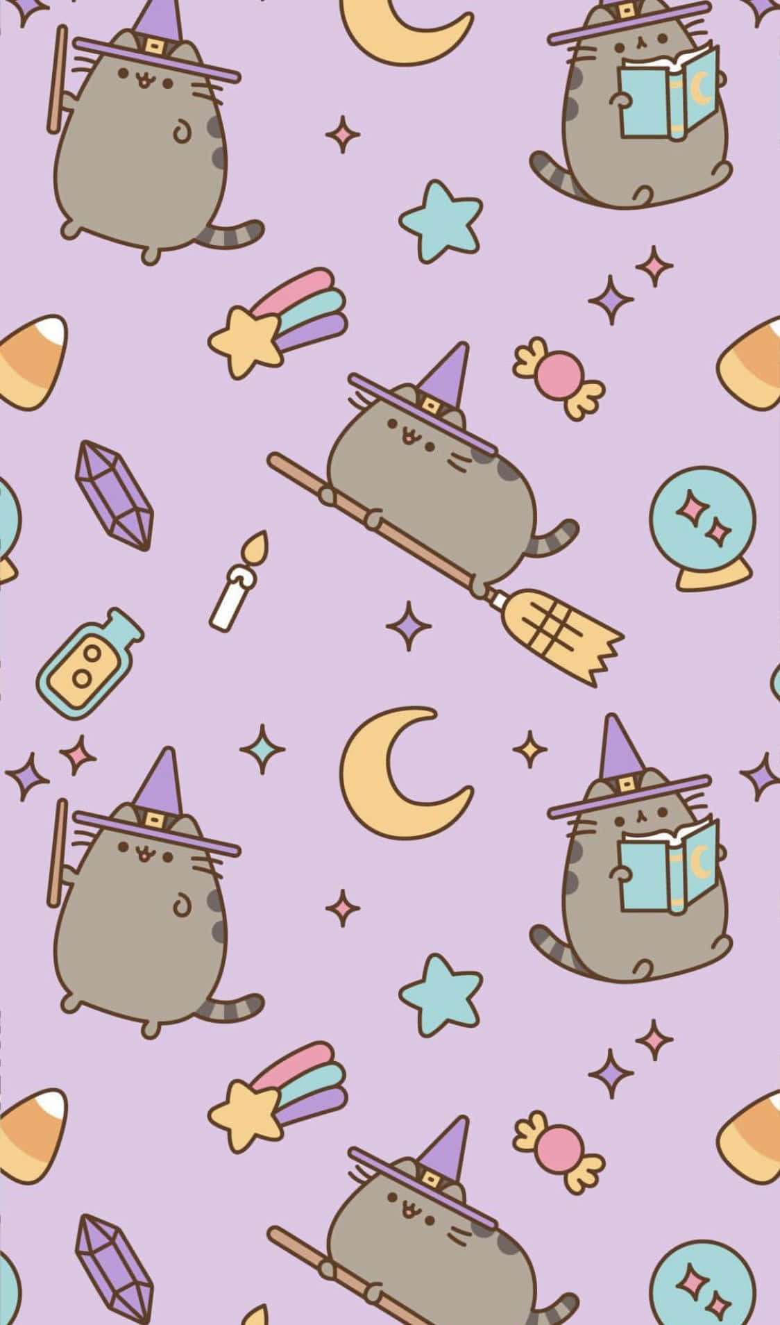 Pusheen, witchy pastel art, pastel purple background, HD Phone Wallpaper