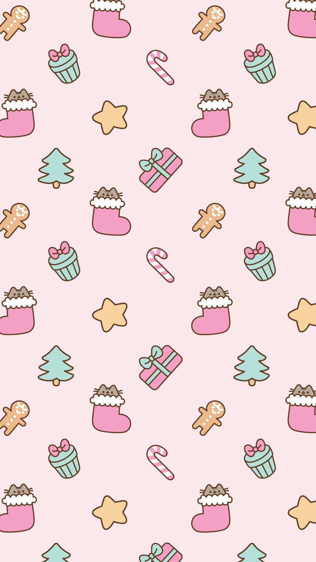 Pusheen, pink santa socks, pastel pink wallpaper pattern, Full HD Phone Wallpaper