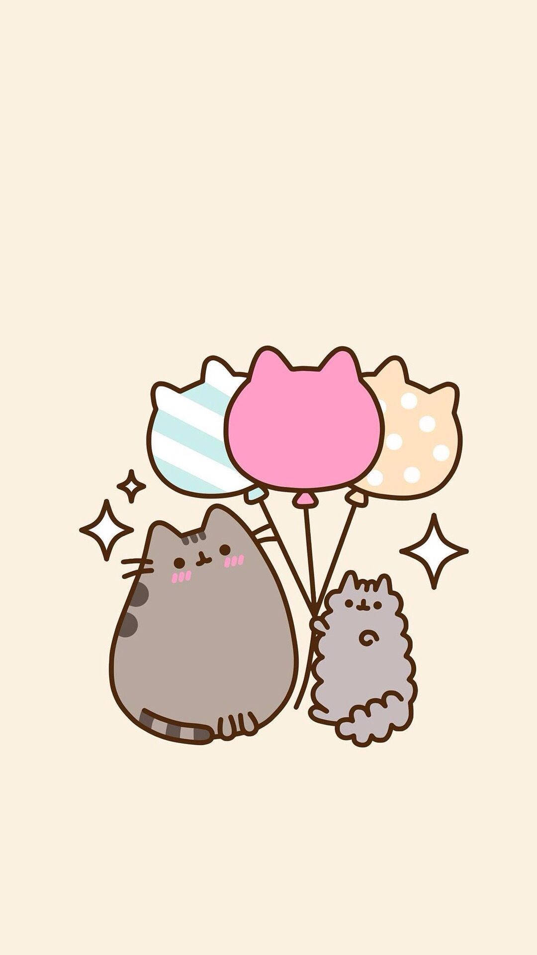 Pusheen, stormy balloons, cat-shaped balloons, Full HD Phone Wallpaper