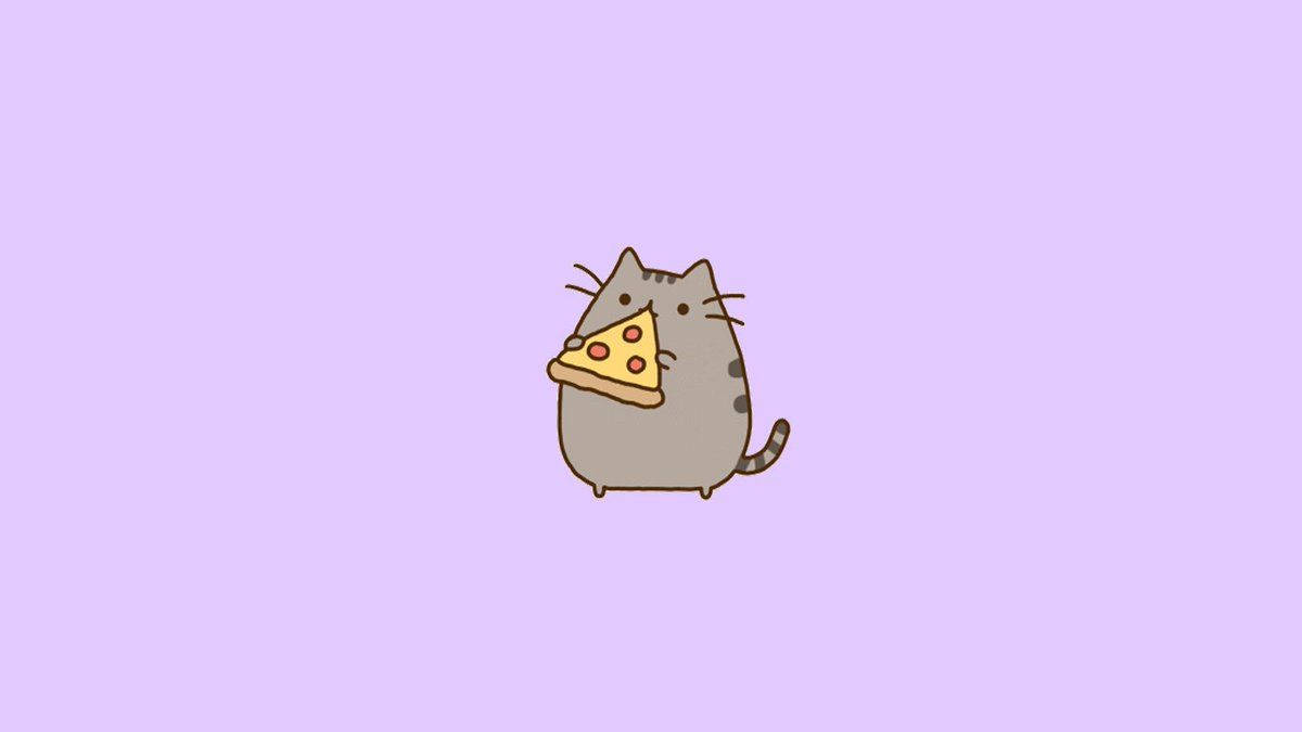 Pusheen, pepperoni pizza, lavender background, SD Desktop Wallpaper
