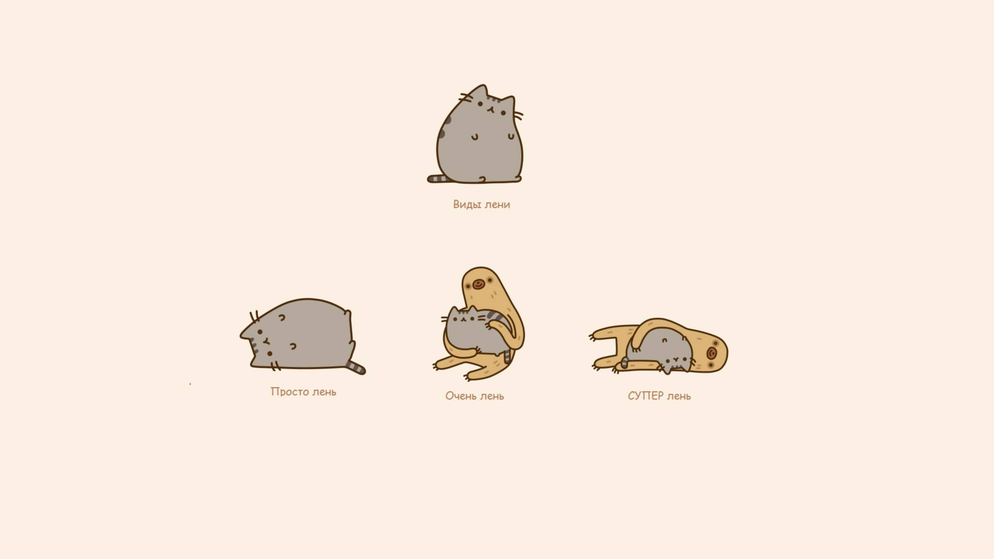 Pusheen, sloth, Russian text labels, 4K Desktop Wallpaper