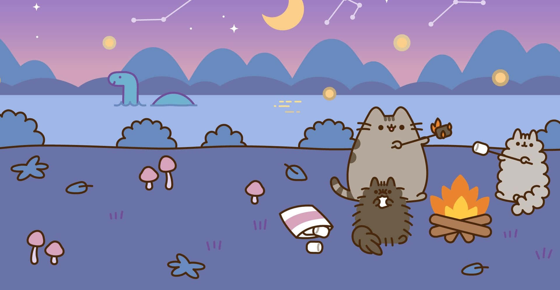 Pusheen, kawaii, campfire, Full HD Desktop Wallpaper