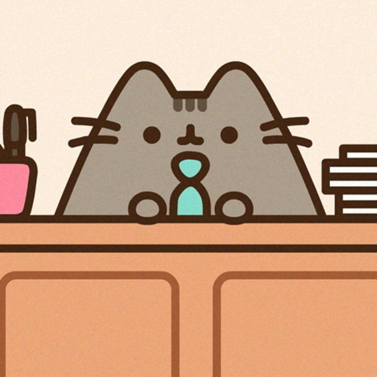 Pusheen, gray cartoon cat, turquoise tie, SD Desktop Wallpaper