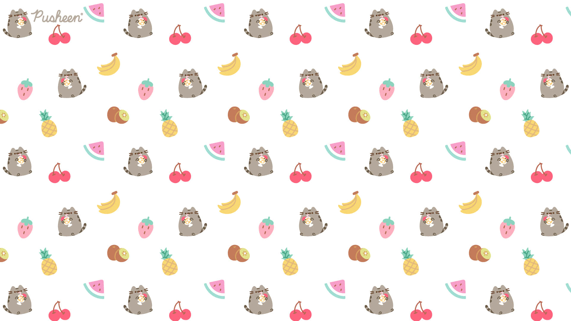 Pusheen, white background, watermelon, Full HD Desktop Wallpaper