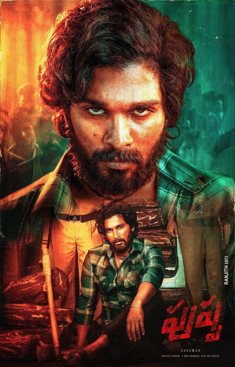 Pushpa Allu Arjun, beard, fiery orange and teal background, SD Phone Wallpaper