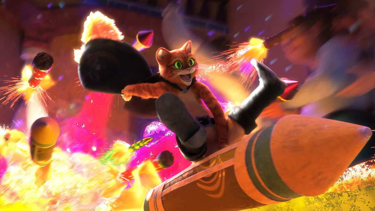 Puss In Boots, rocket, colorful explosion-filled sky, SD Desktop Wallpaper