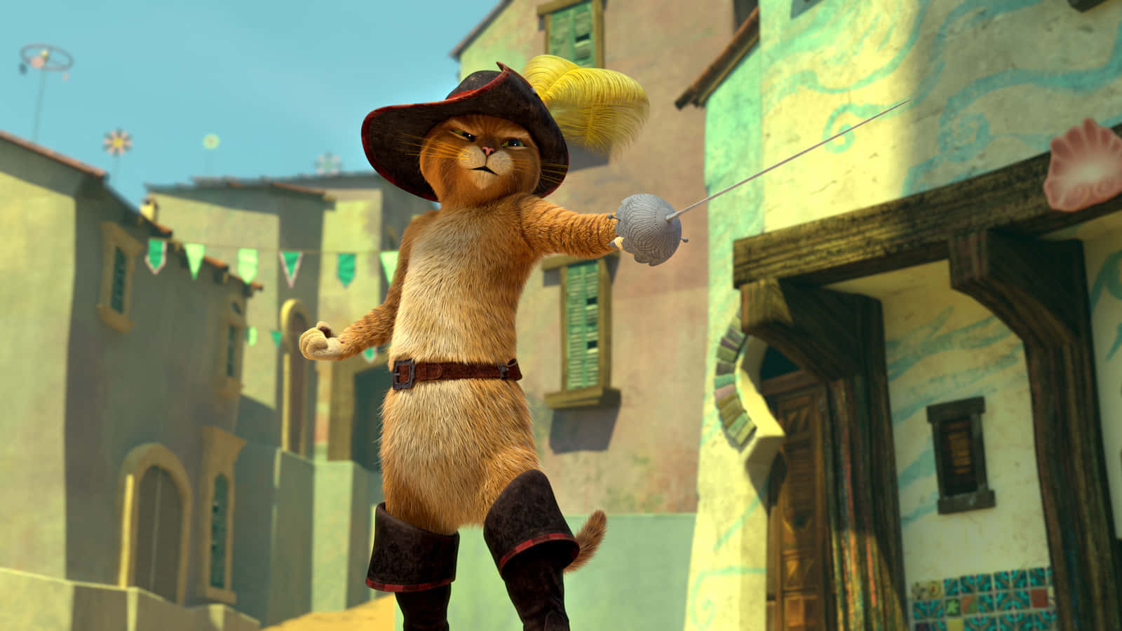 Puss In Boots, fencing stance, pirate hat, HD Desktop Wallpaper