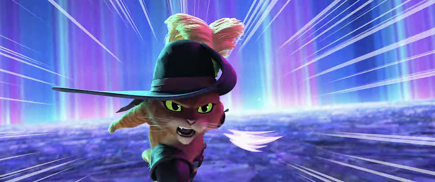 Puss In Boots, neon-lit futuristic cityscape, glowing streaks, HD Desktop Wallpaper