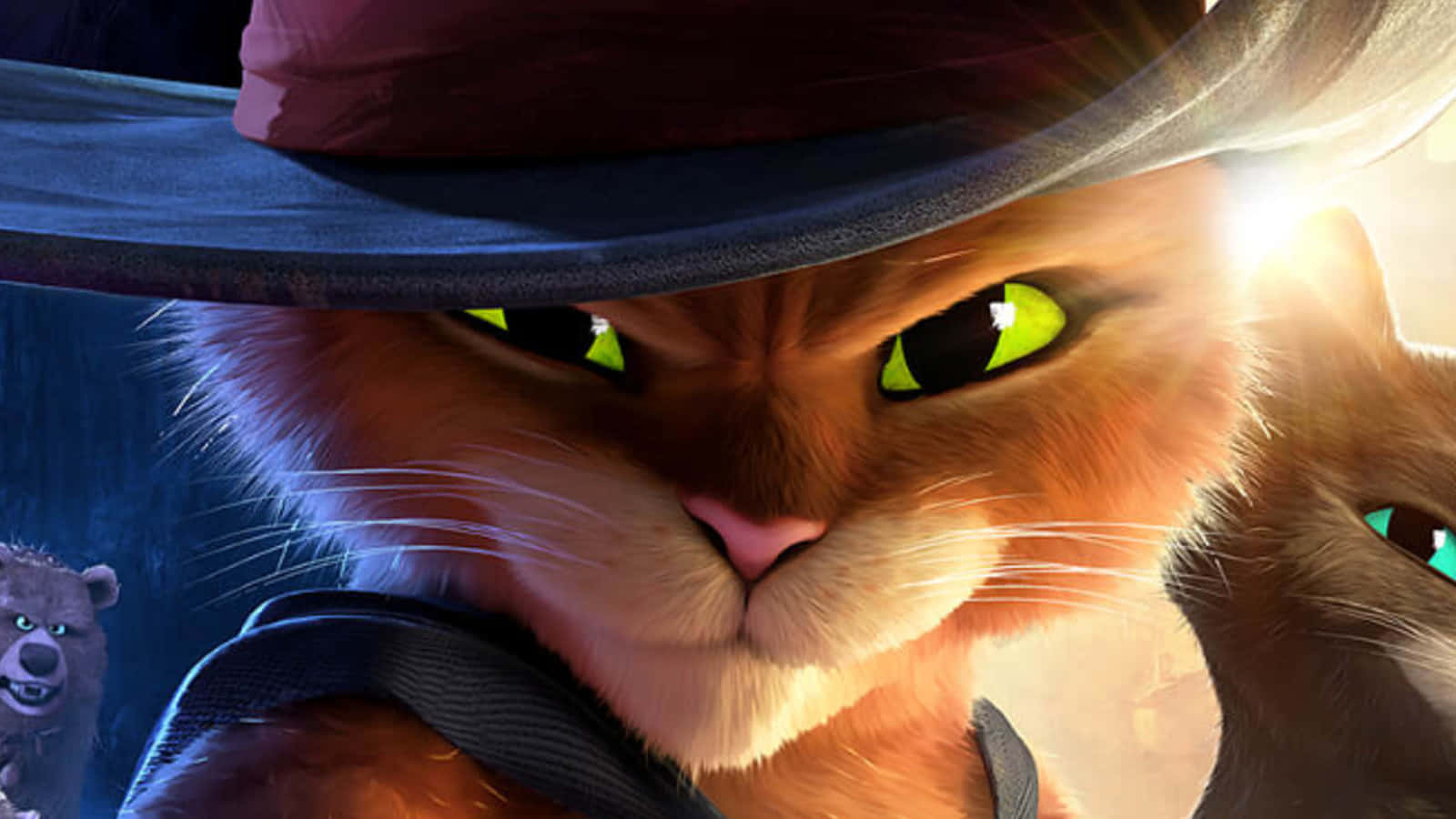 Puss In Boots, cowboy hat, glowing green eyes, HD Desktop Wallpaper