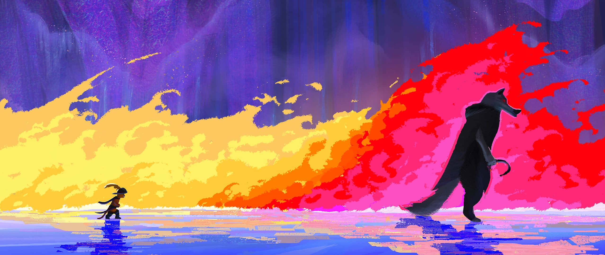 Puss In Boots, giant shadow, vibrant purple yellow and red sky, Full HD Desktop Wallpaper