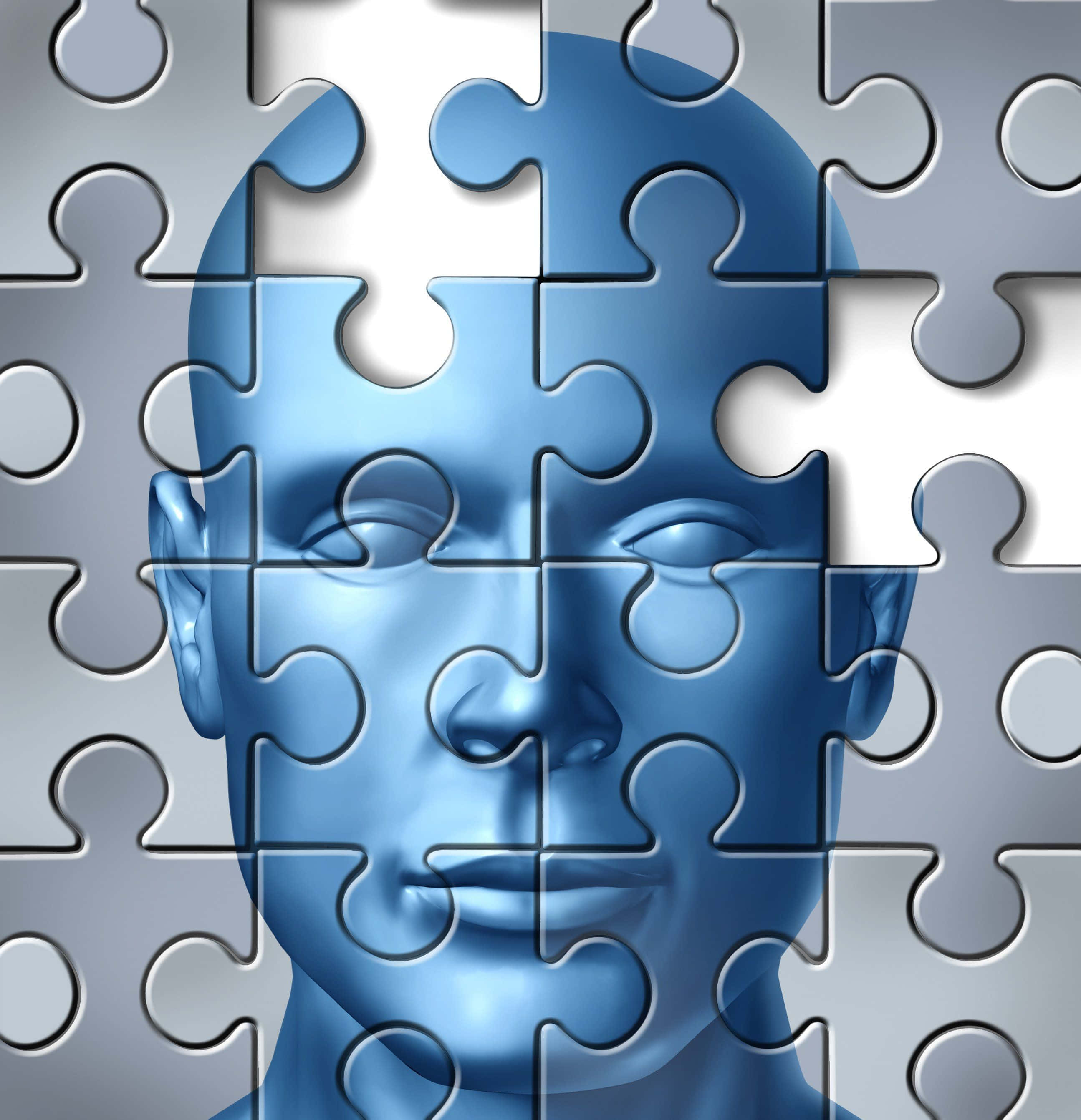 blue human head, puzzle pieces, one missing piece, 2K Phone Wallpaper