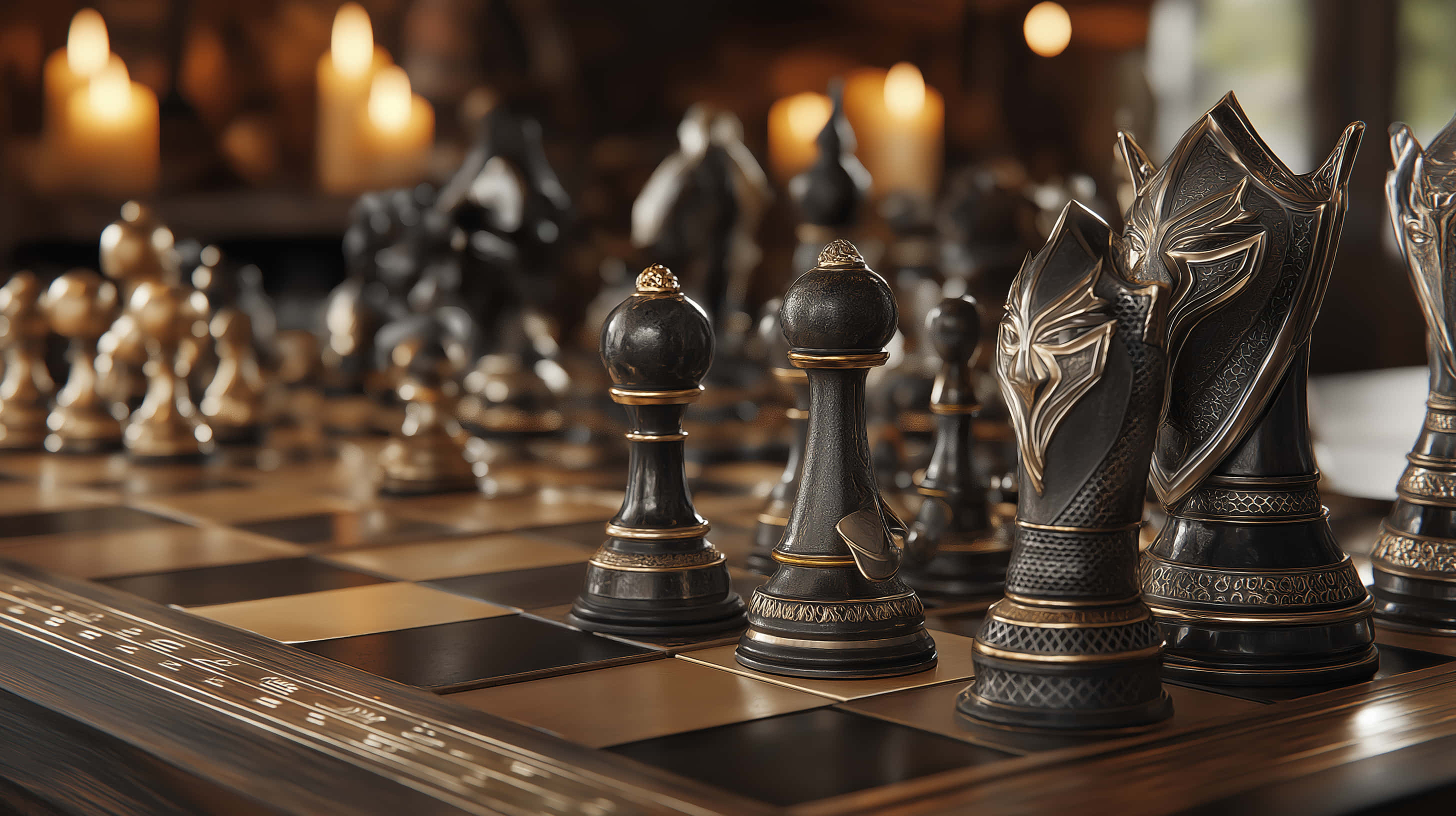 ornate chess set, polished game board, gold accents, 2K Desktop Wallpaper