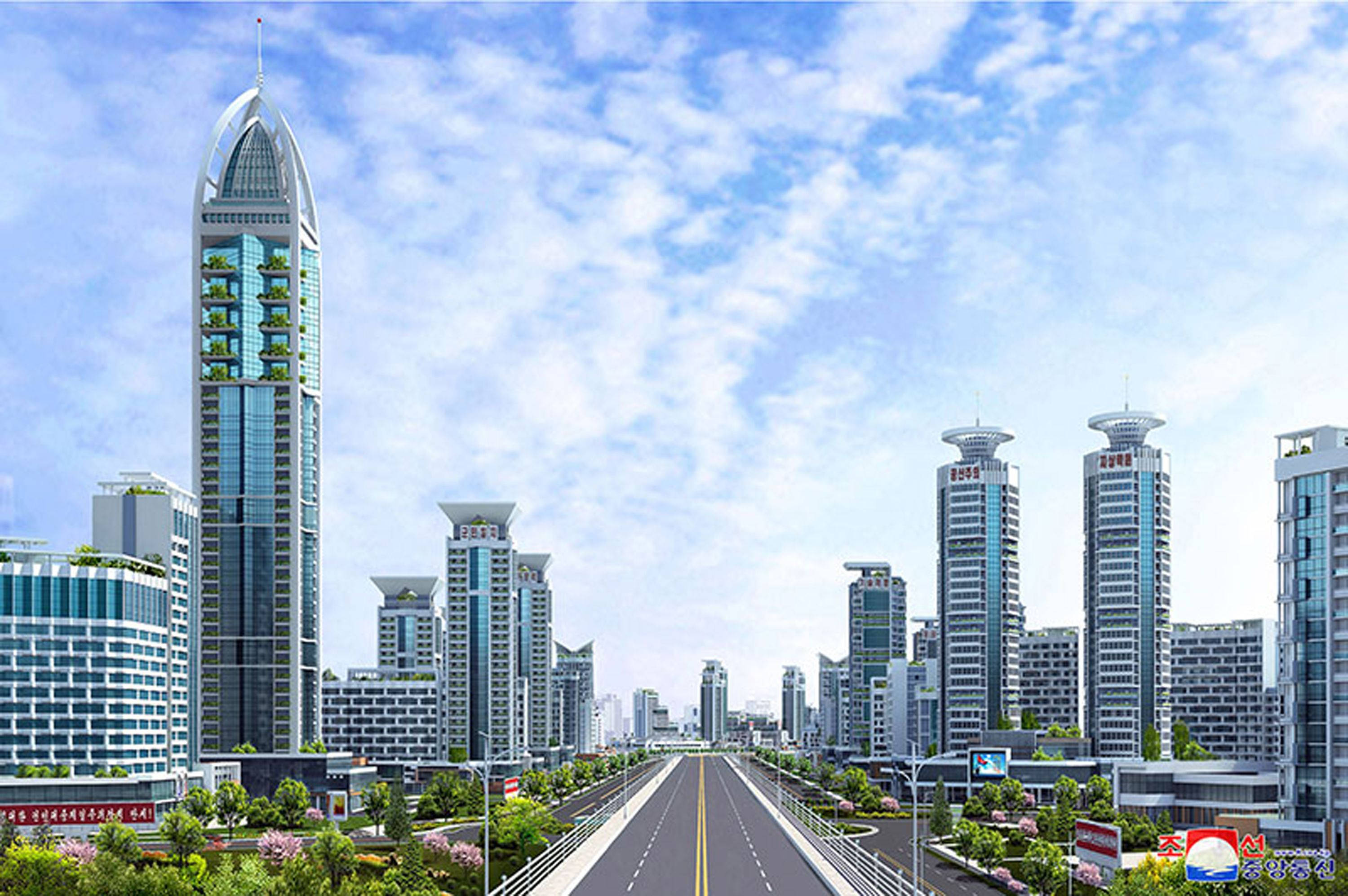 modern buildings of pyongyang, towering modern skyscrapers, wide avenue, 2K Desktop Wallpaper