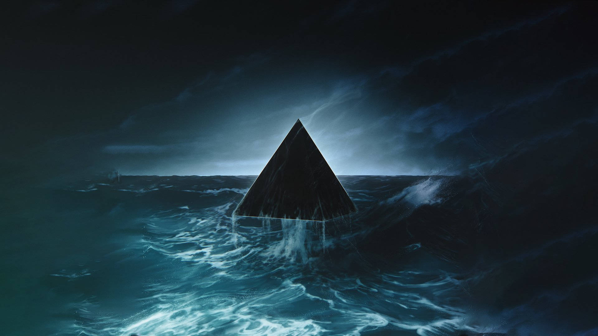 black pyramid, ocean, churning teal waters, Full HD Desktop Wallpaper