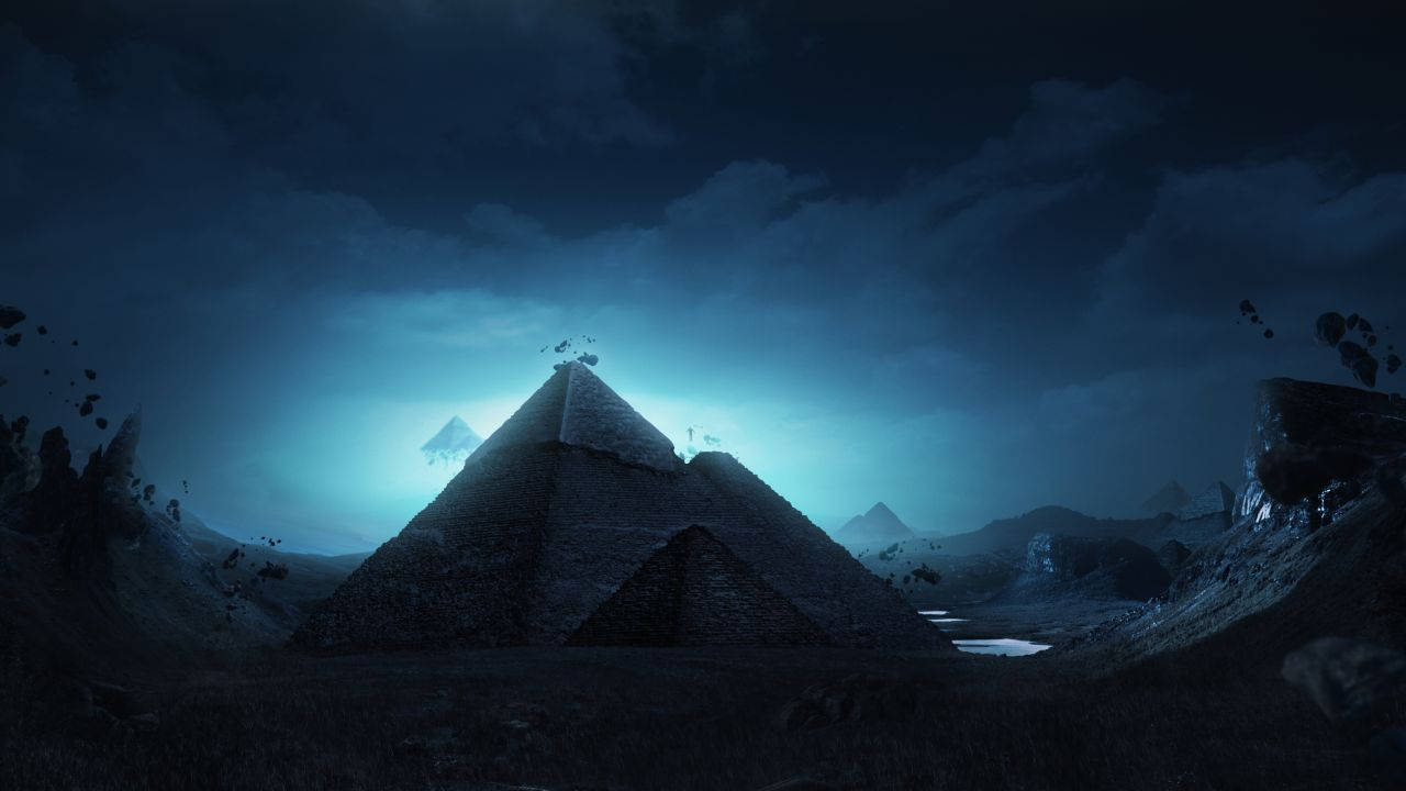 black pyramid, stormy night sky, glowing blue light, HD Desktop Wallpaper