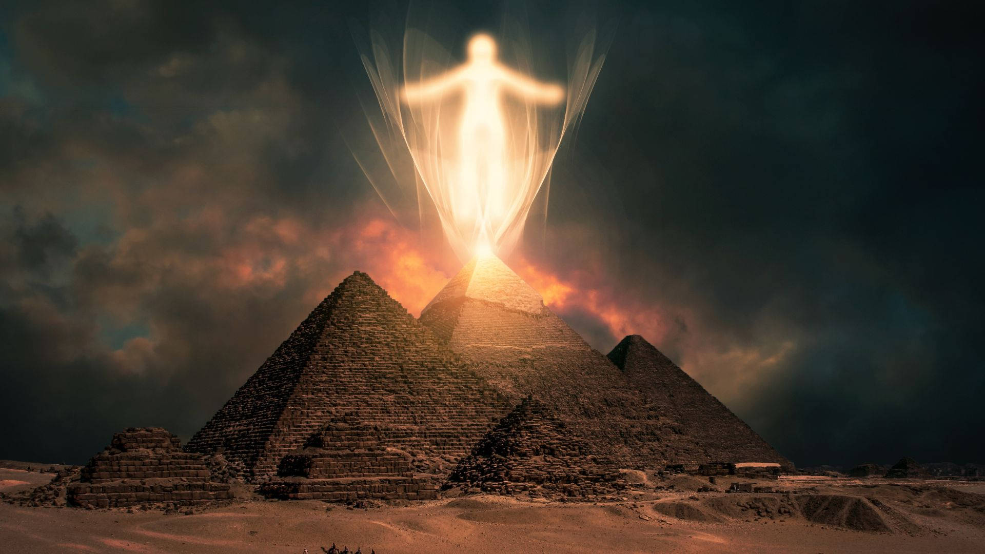 pyramid, glowing divine figure, stormy twilight sky, Full HD Desktop Wallpaper