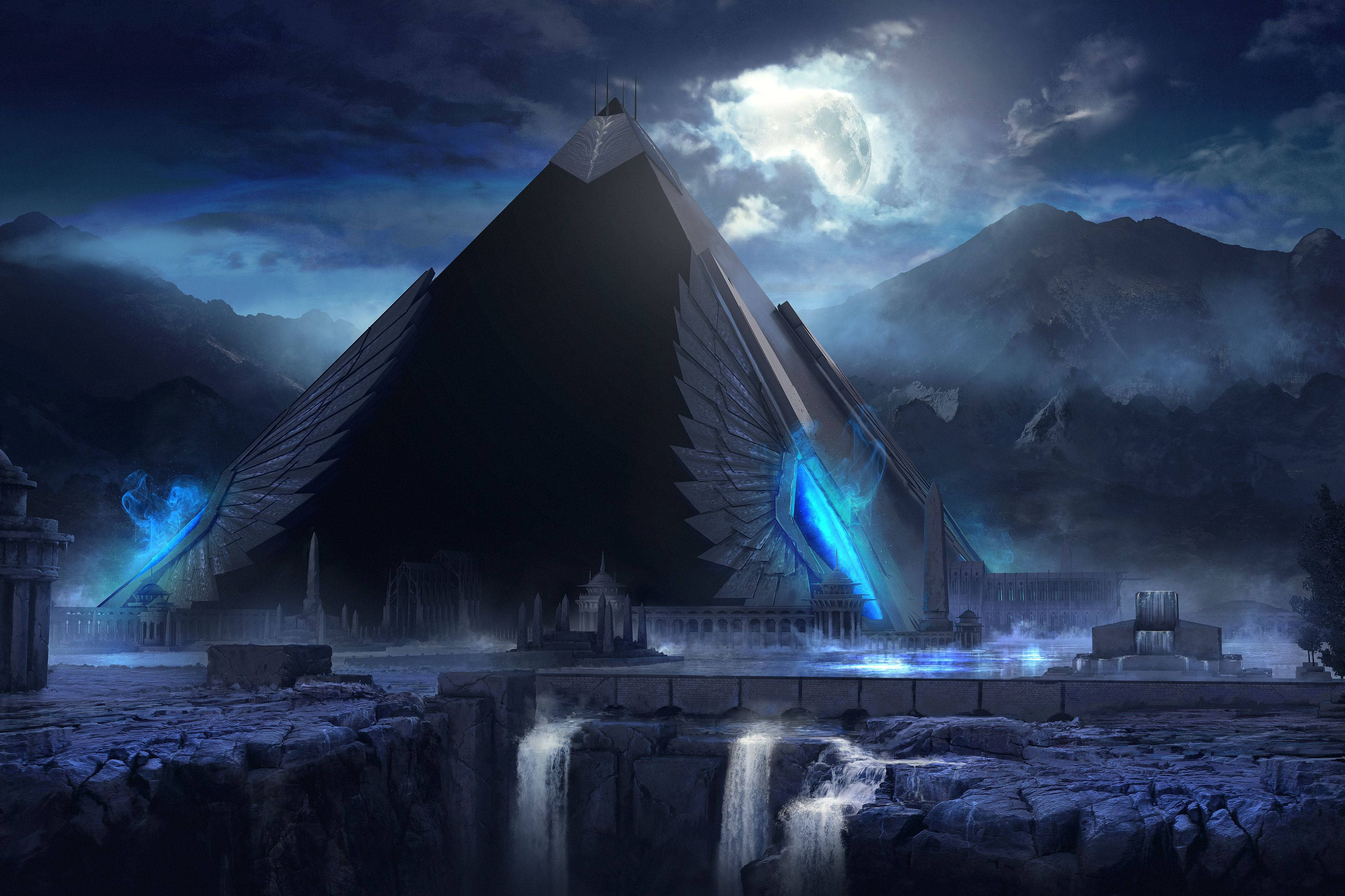 cool black pyramid, winged pyramid, blue energy, 2K Desktop Wallpaper