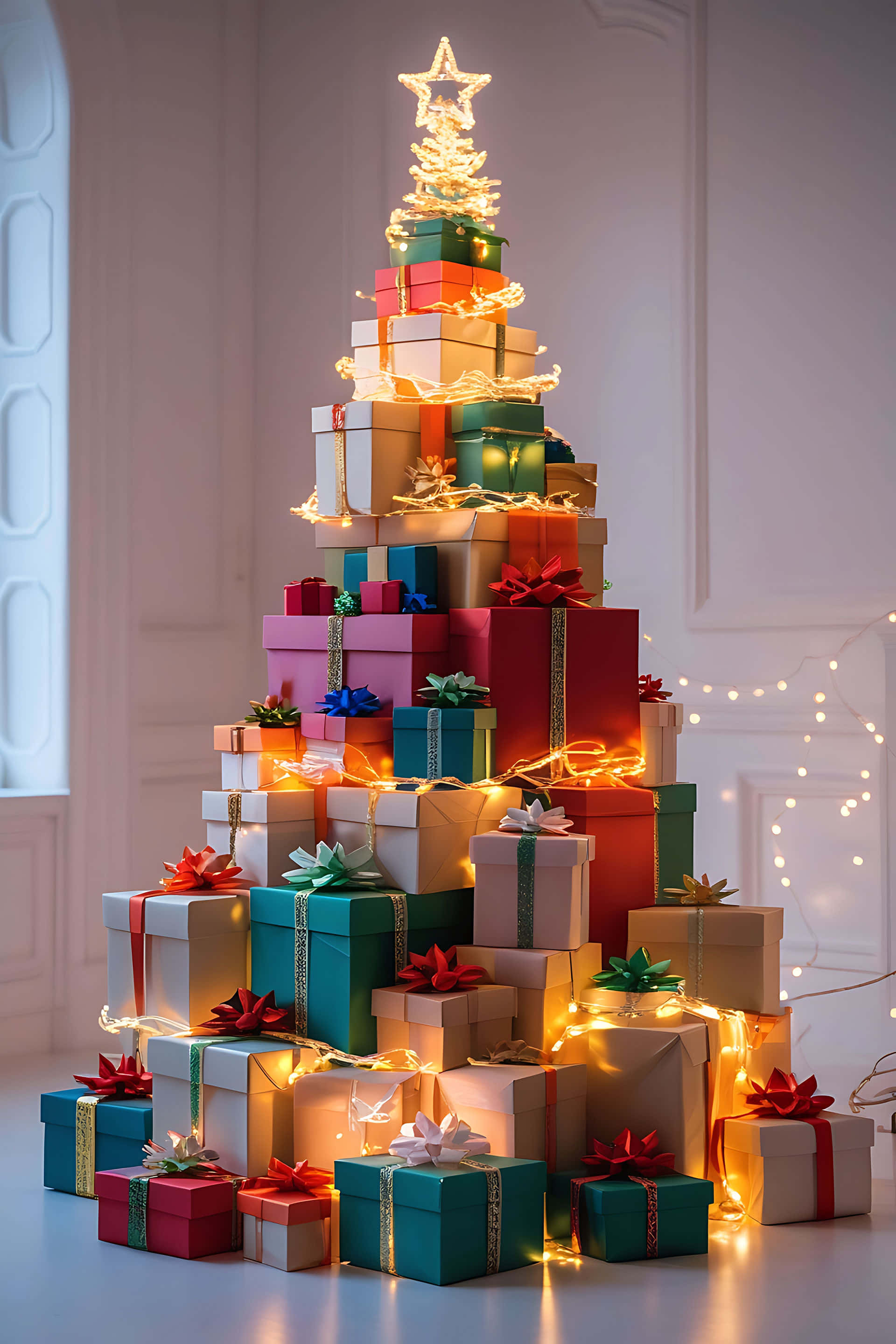 Christmas tree, stacked colorful gift boxes, glowing fairy lights, 2K Phone Wallpaper