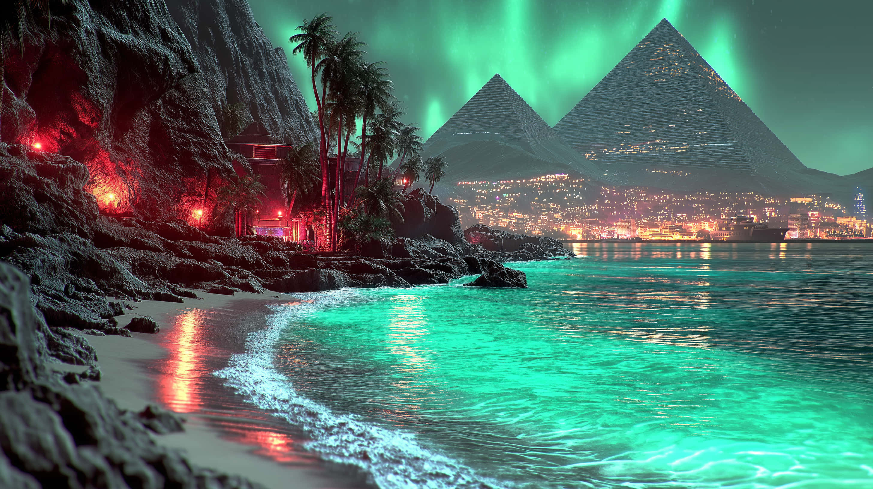 luminous pyramids, glowing green auroras, red-lit cliffside village, 2K Desktop Wallpaper