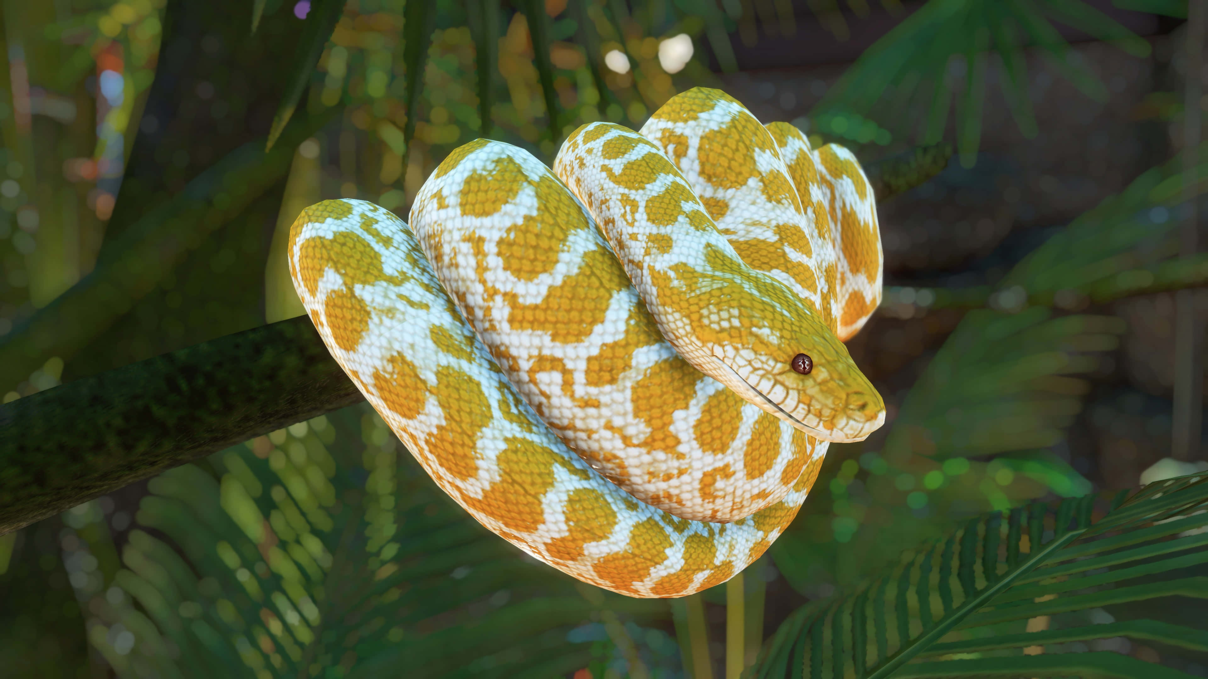 Python, vibrant yellow and white patterned snake, branch, 4K Desktop Wallpaper