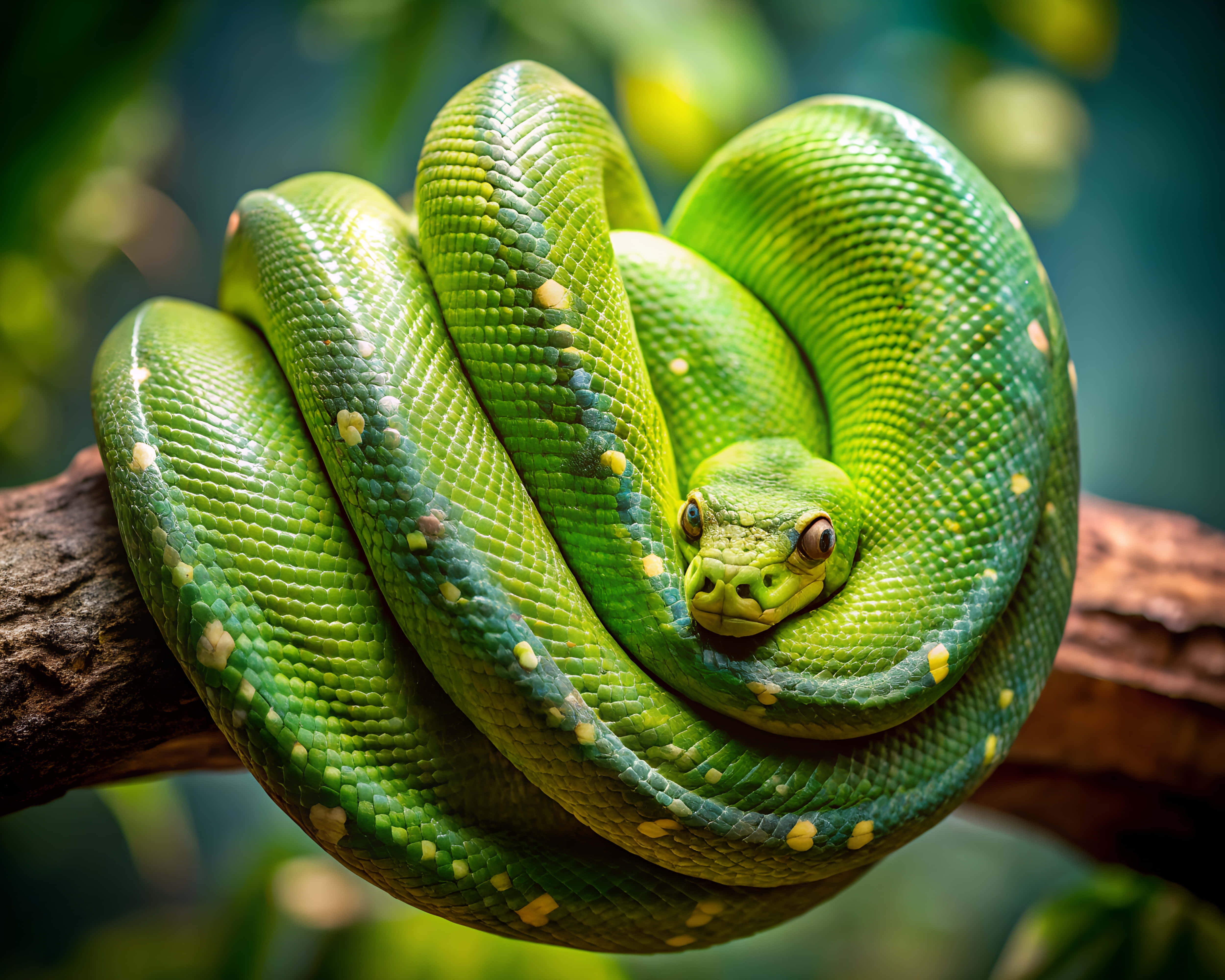 green python, tree python, mossy branch, 4K Desktop Wallpaper