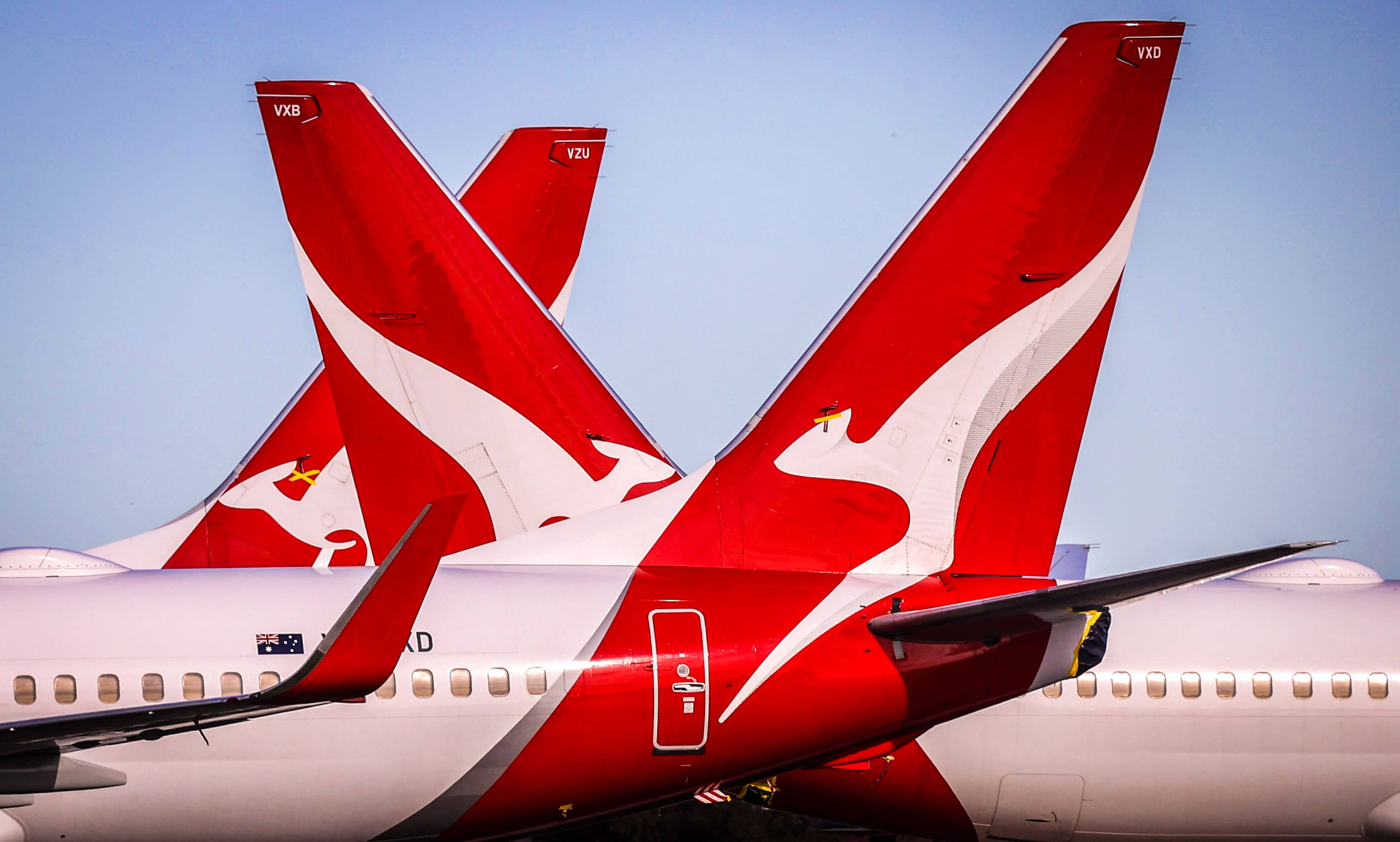 Qantas, aircraft tails, red and white kangaroo logos, 2K Desktop Wallpaper