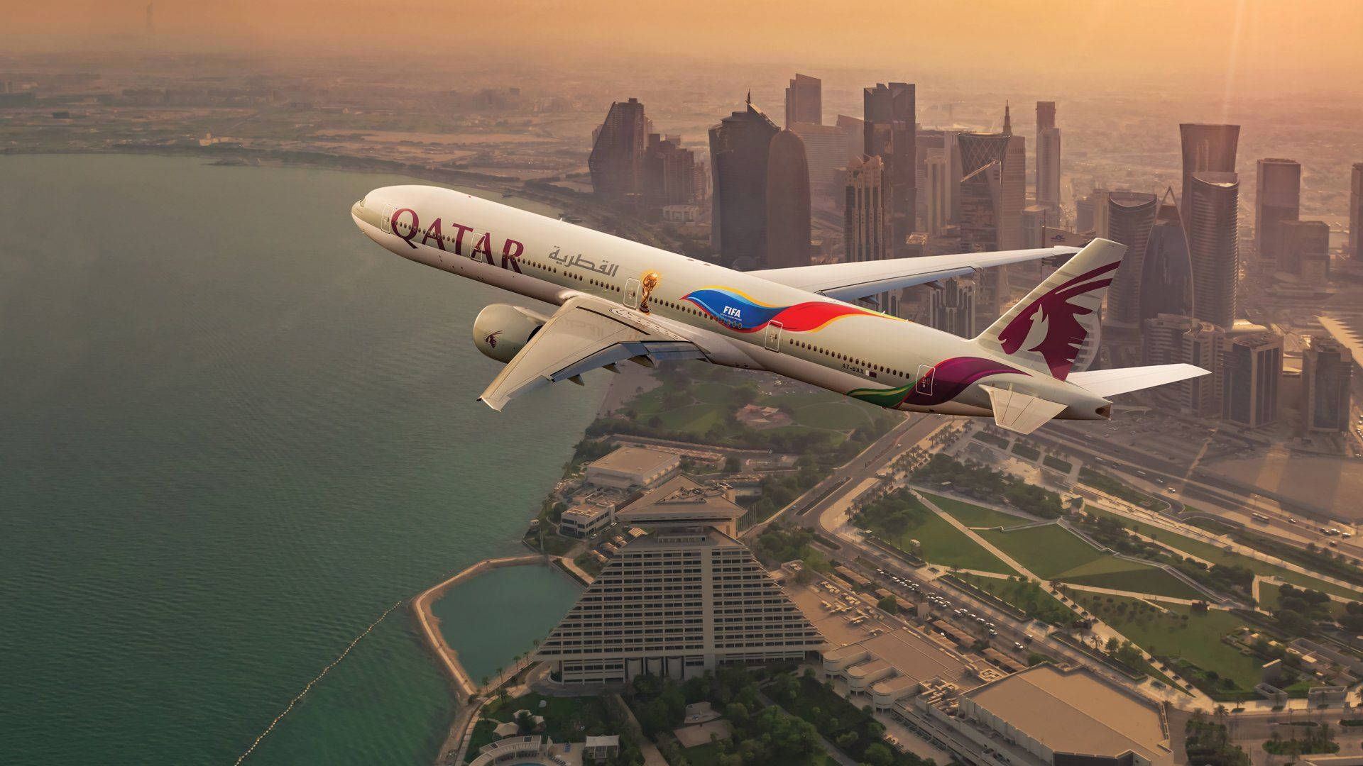 Qatar Airways, coastal cityscape, golden hour, Full HD Desktop Wallpaper