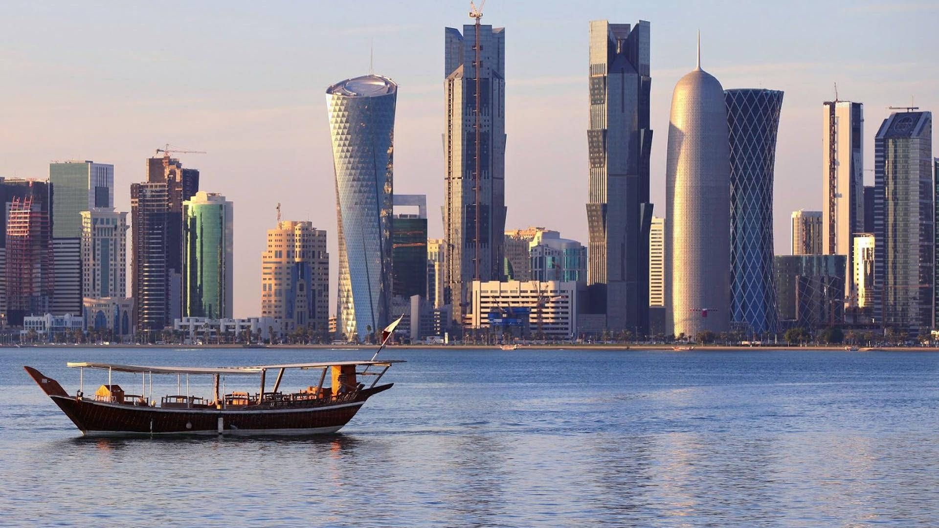 Qatar Airways, traditional wooden dhow, futuristic skyline, Full HD Desktop Wallpaper