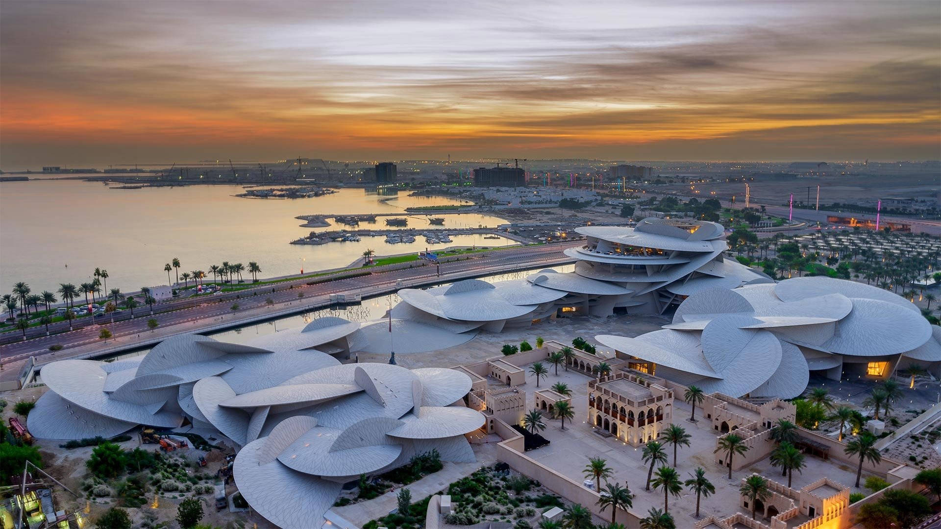 Qatar, futuristic white petal-shaped buildings, sunset, Full HD Desktop Wallpaper