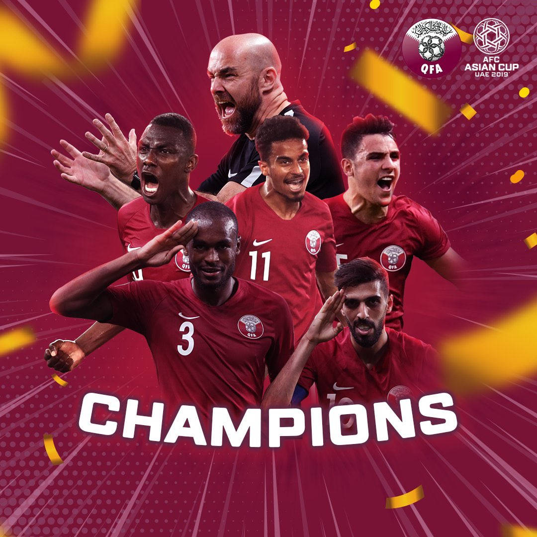 Qatar National Football Team, champions poster, red jerseys, SD Desktop Wallpaper