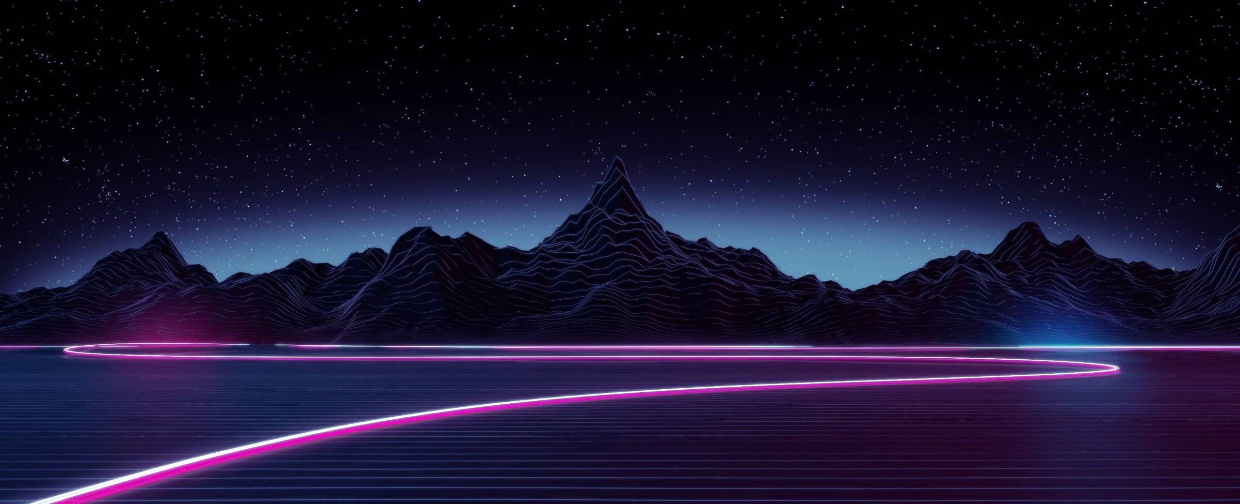 3D Retro Lake, retrofuturistic mountain range, starry night sky, Full HD Desktop Wallpaper