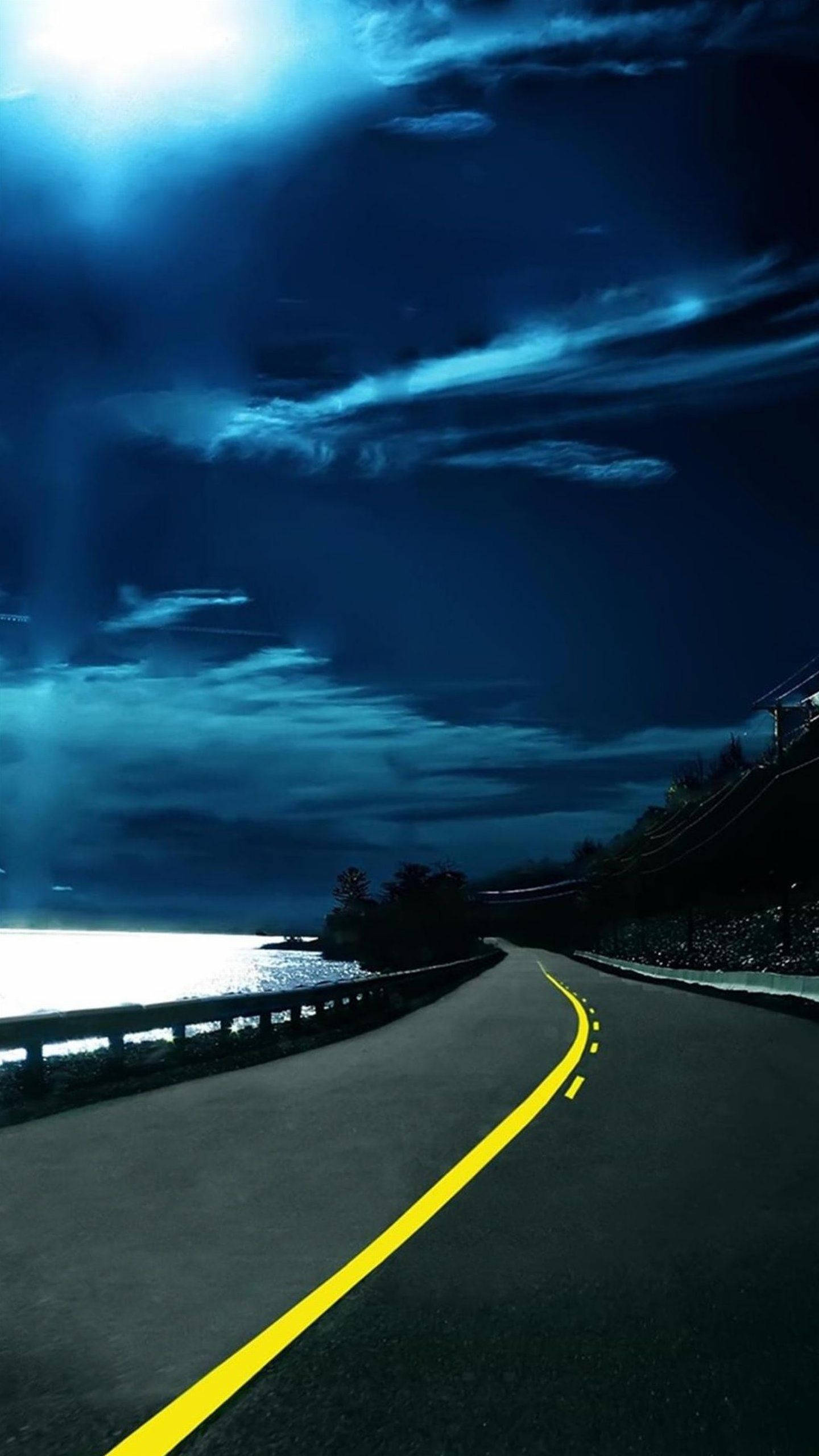 QHD, coastal road, night, 2K Phone Wallpaper