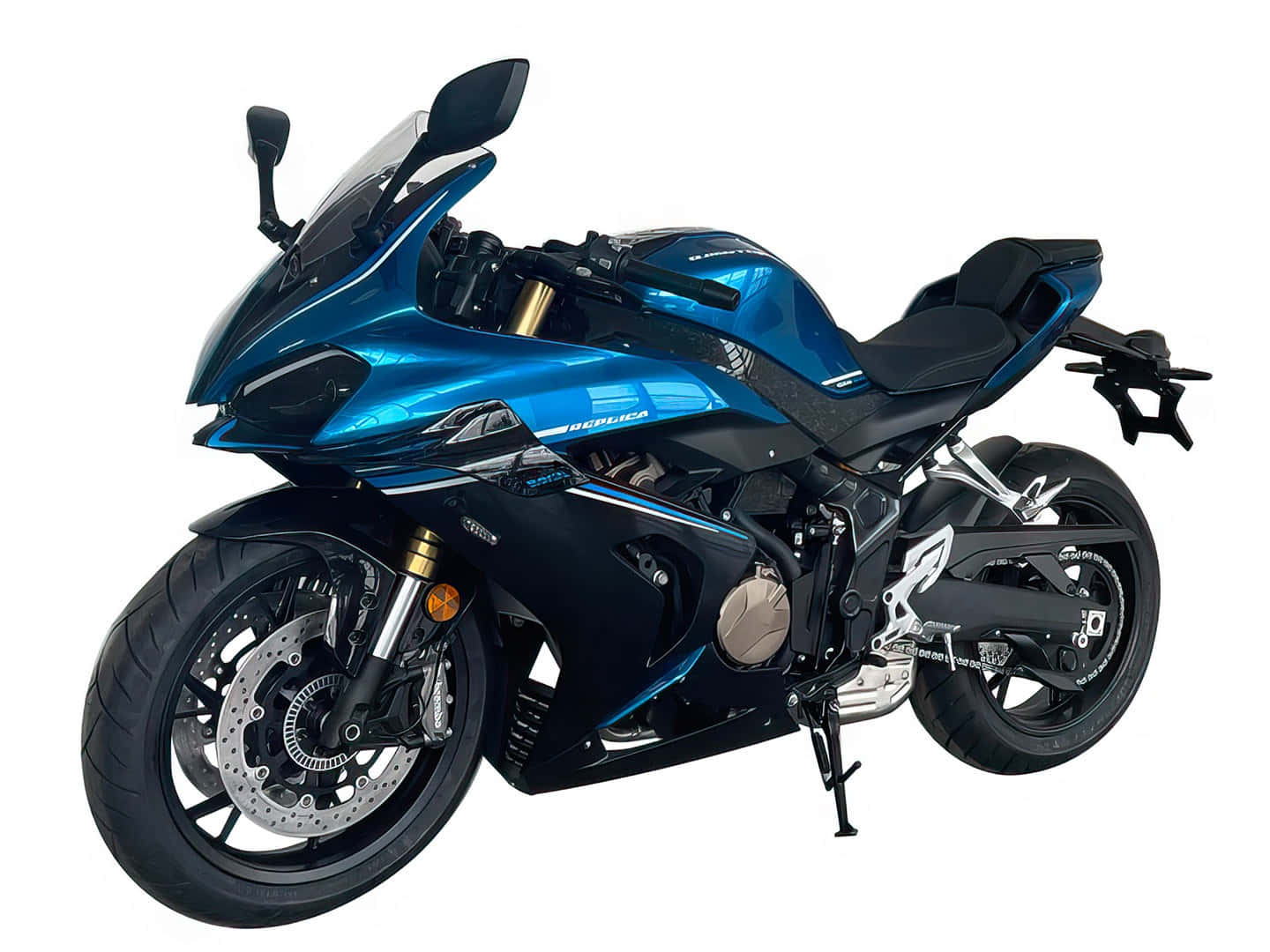blue q j motor sports bike, gold forks, silver disc brakes, HD Desktop Wallpaper