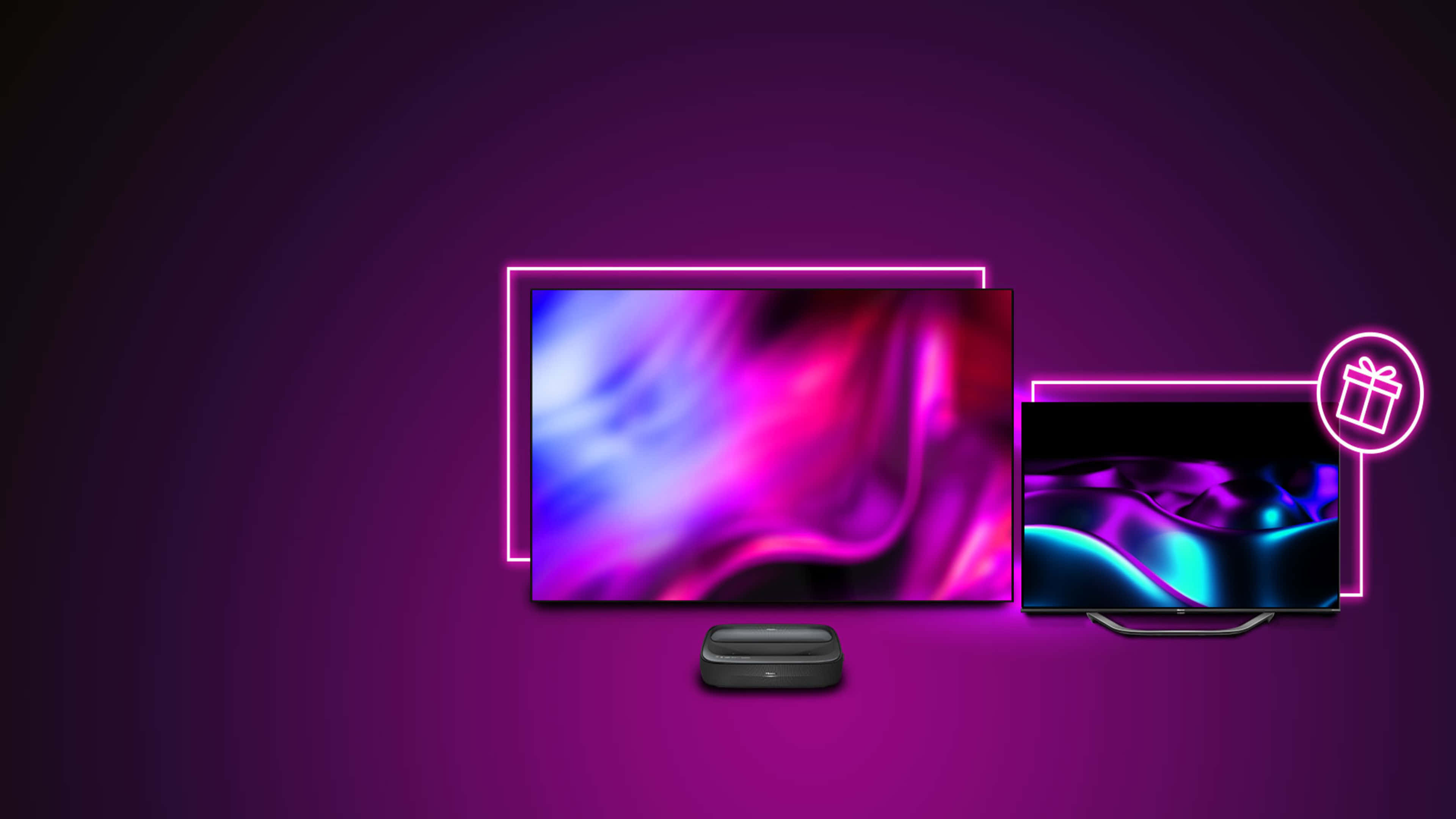 QLED, neon outlines, deep purple gradient background, 4K Desktop Wallpaper