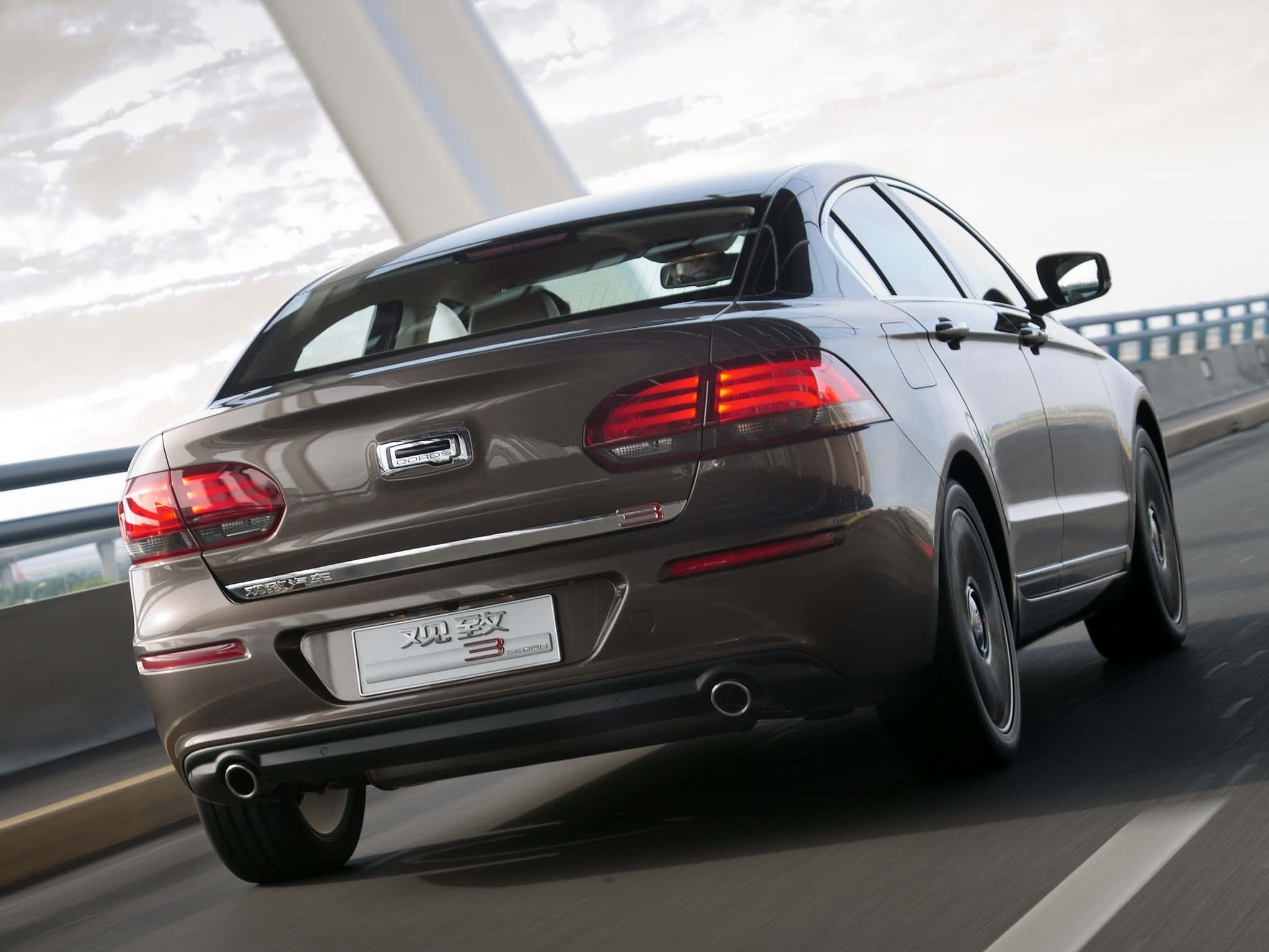 Qoros 3 Sedan, brown, modern highway bridge, Full HD Desktop Wallpaper