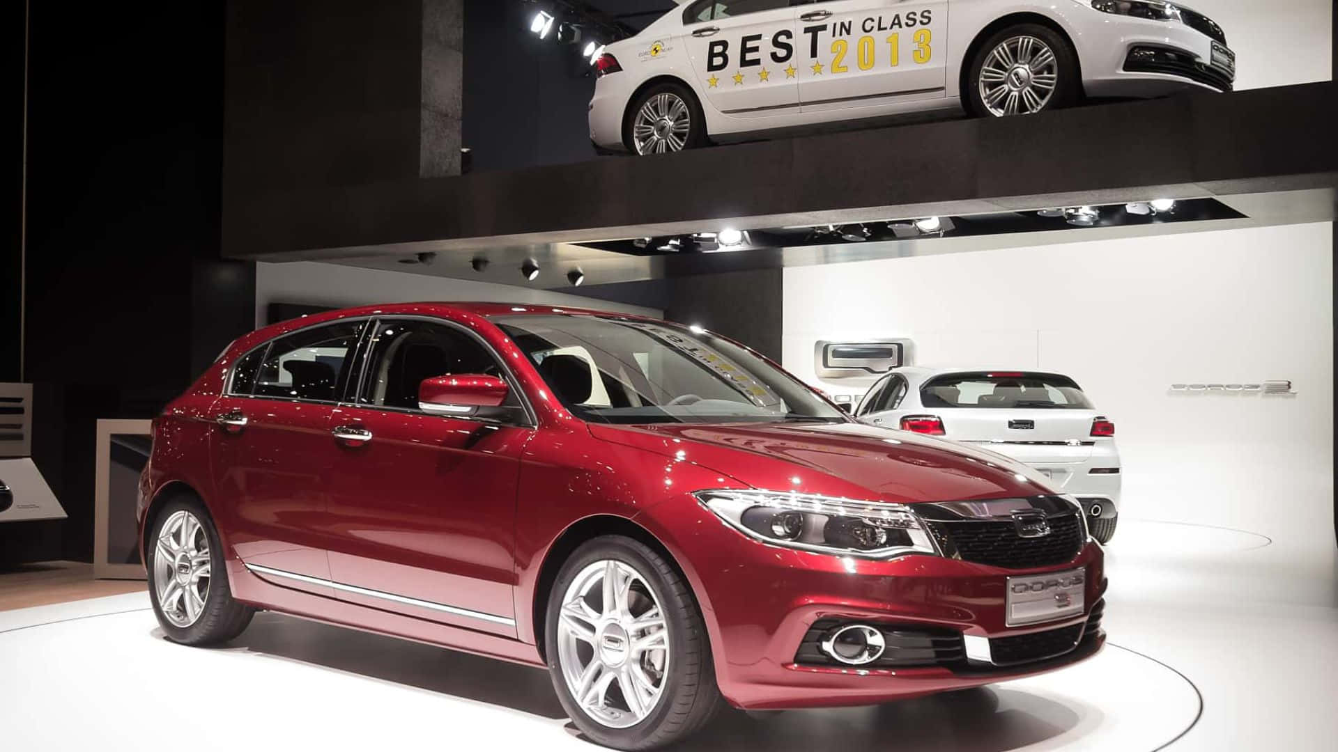 Qoros, glossy red hatchback, circular white platform, Full HD Desktop Wallpaper