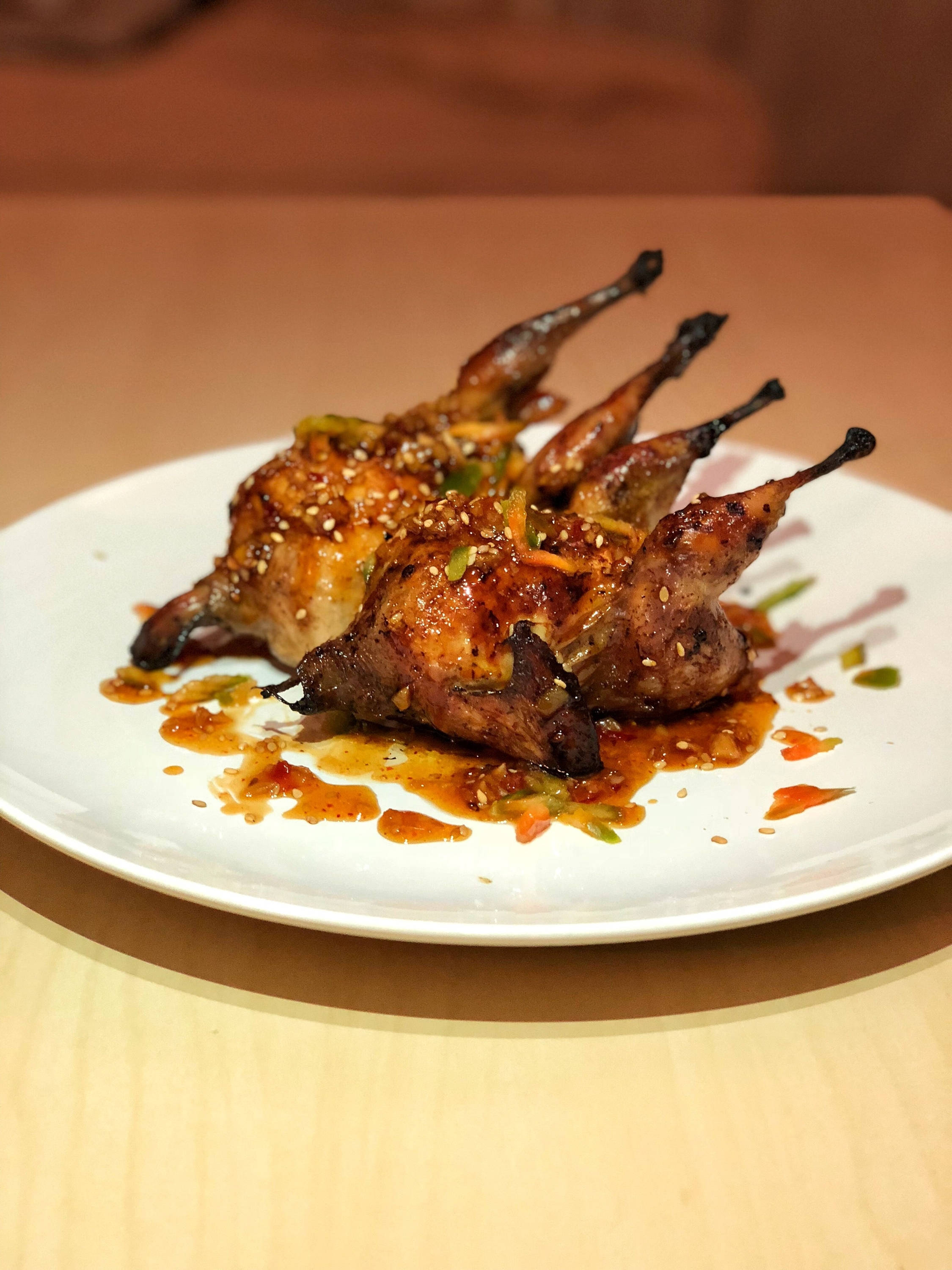 Asian Style Roasted Quail, glazed quail, sesame seeds, 2K Phone Wallpaper