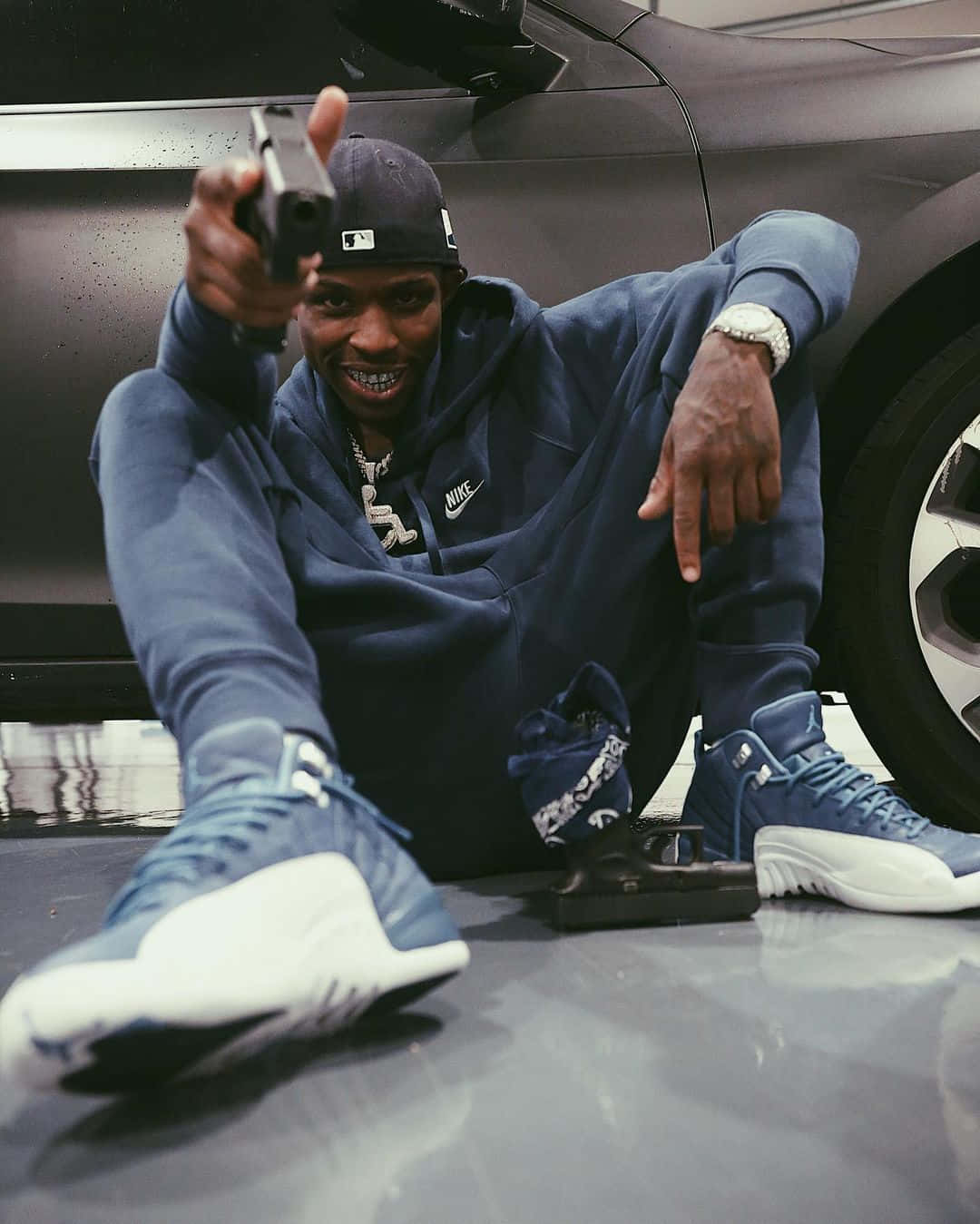 Quando Rondo, blue hoodie, glossy floor, HD Phone Wallpaper