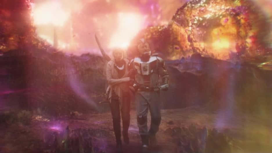 Quantum Realm, glowing cosmic sky, vibrant purple and orange hues, SD Desktop Wallpaper