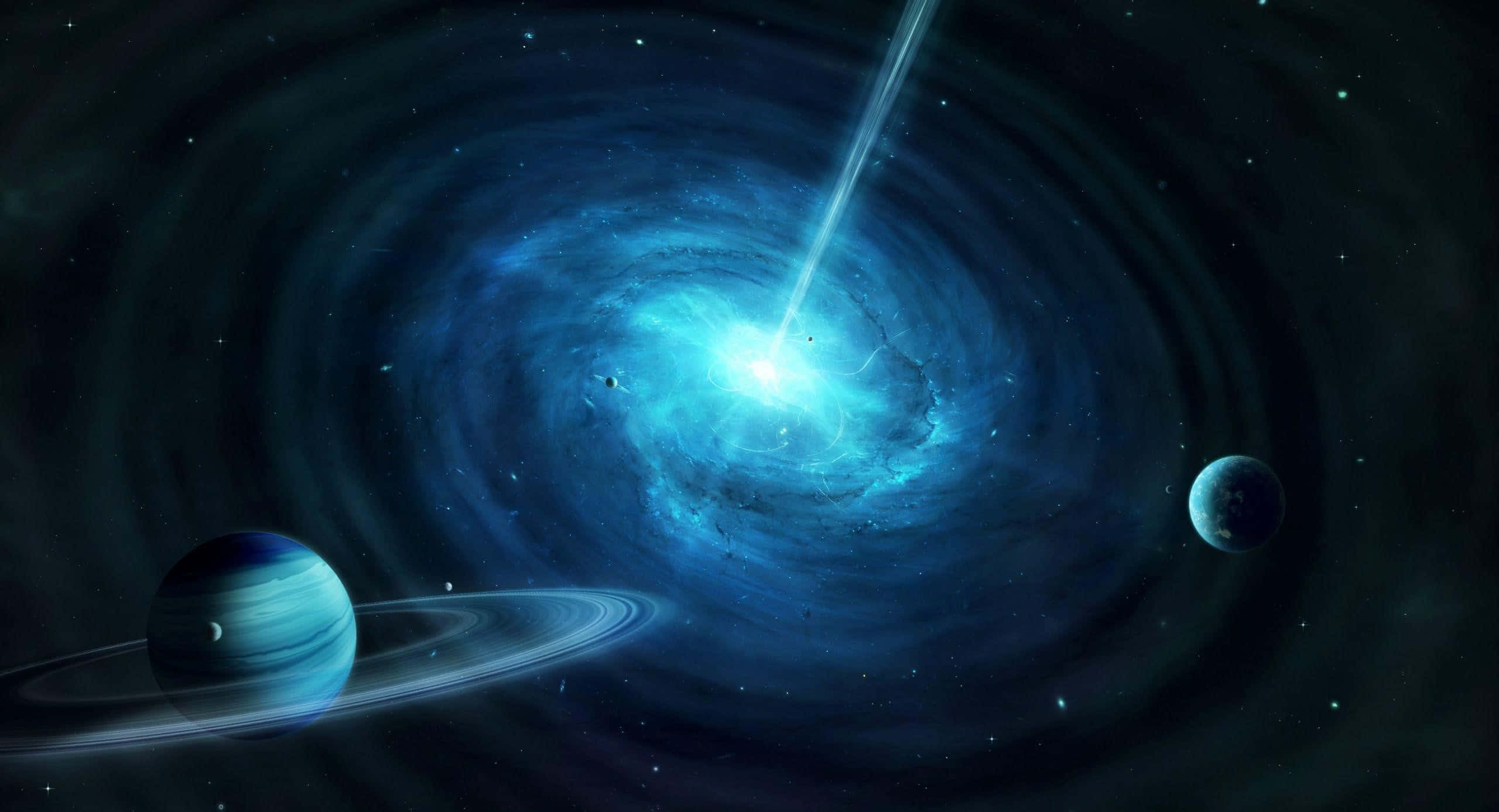 Quasar, cosmic spiral galaxy, bright blue core, 2K Desktop Wallpaper