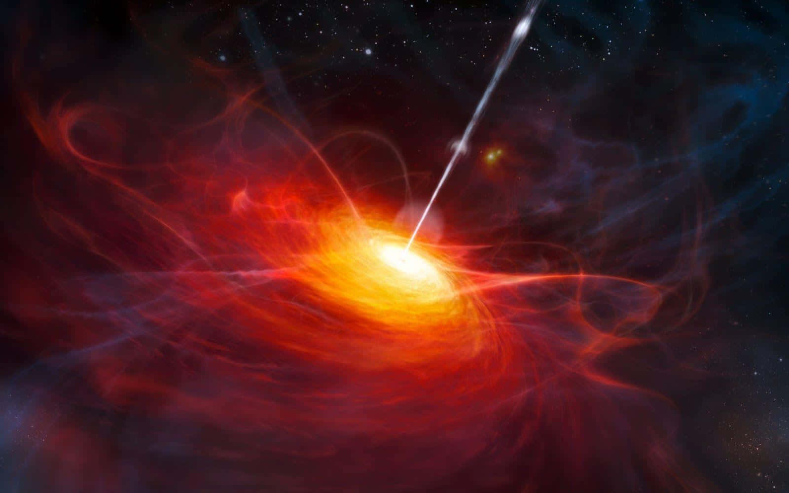Quasar, accretion disk, fiery red and orange gases, HD Desktop Wallpaper